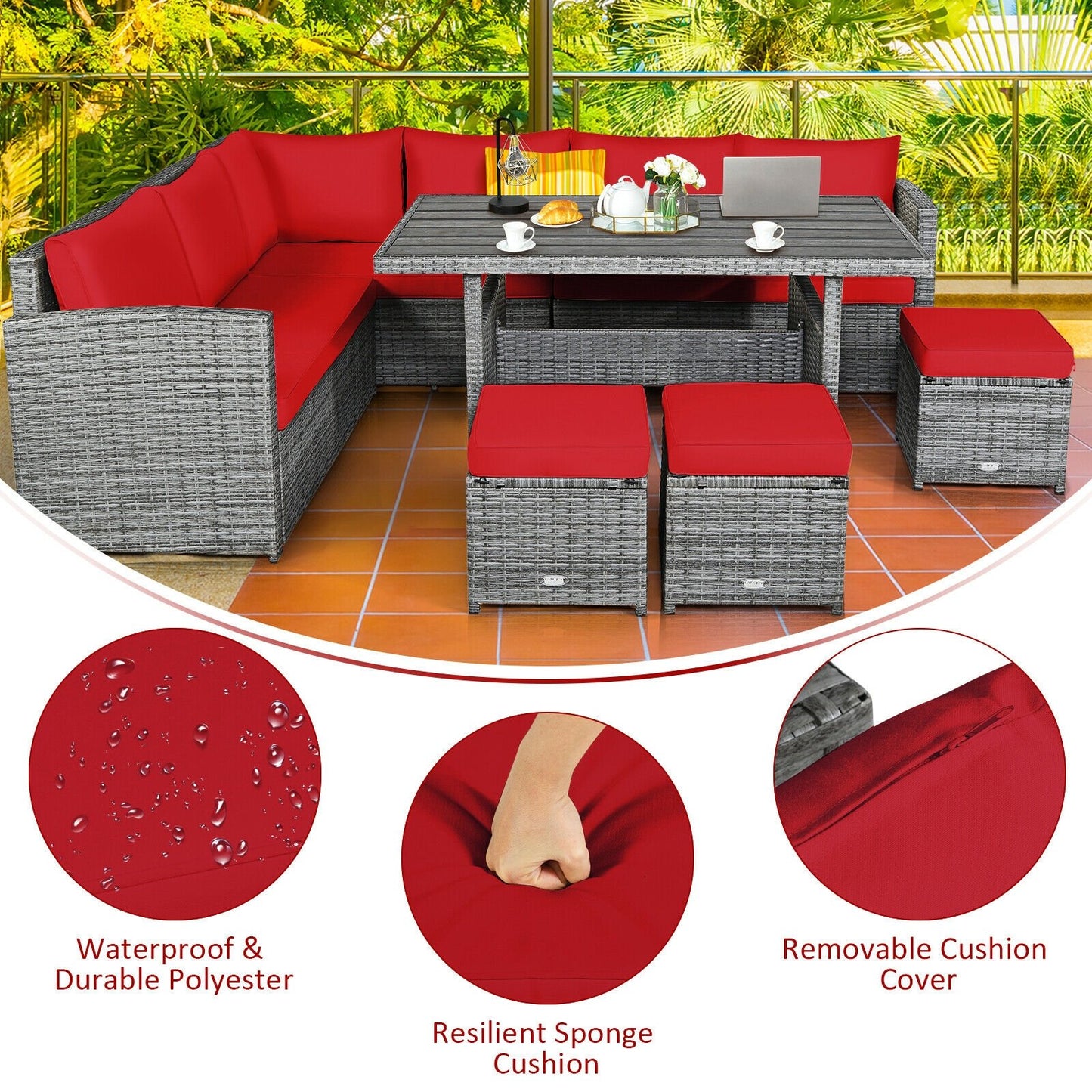 7 Pcs All-Weather Patio Rattan Dining Furniture Sectional Sofa Set with Wicker Ottoman and Cushed Couch-Off White