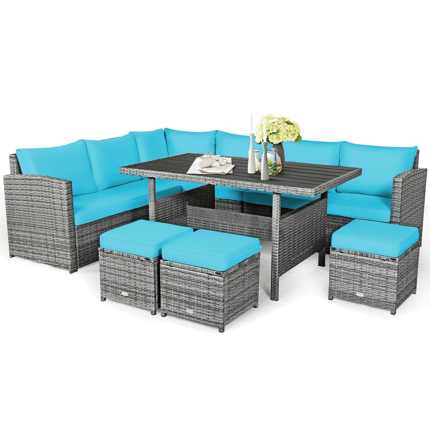 7 Pcs All-Weather Patio Rattan Dining Furniture Sectional Sofa Set with Wicker Ottoman and Cushed Couch-Off White