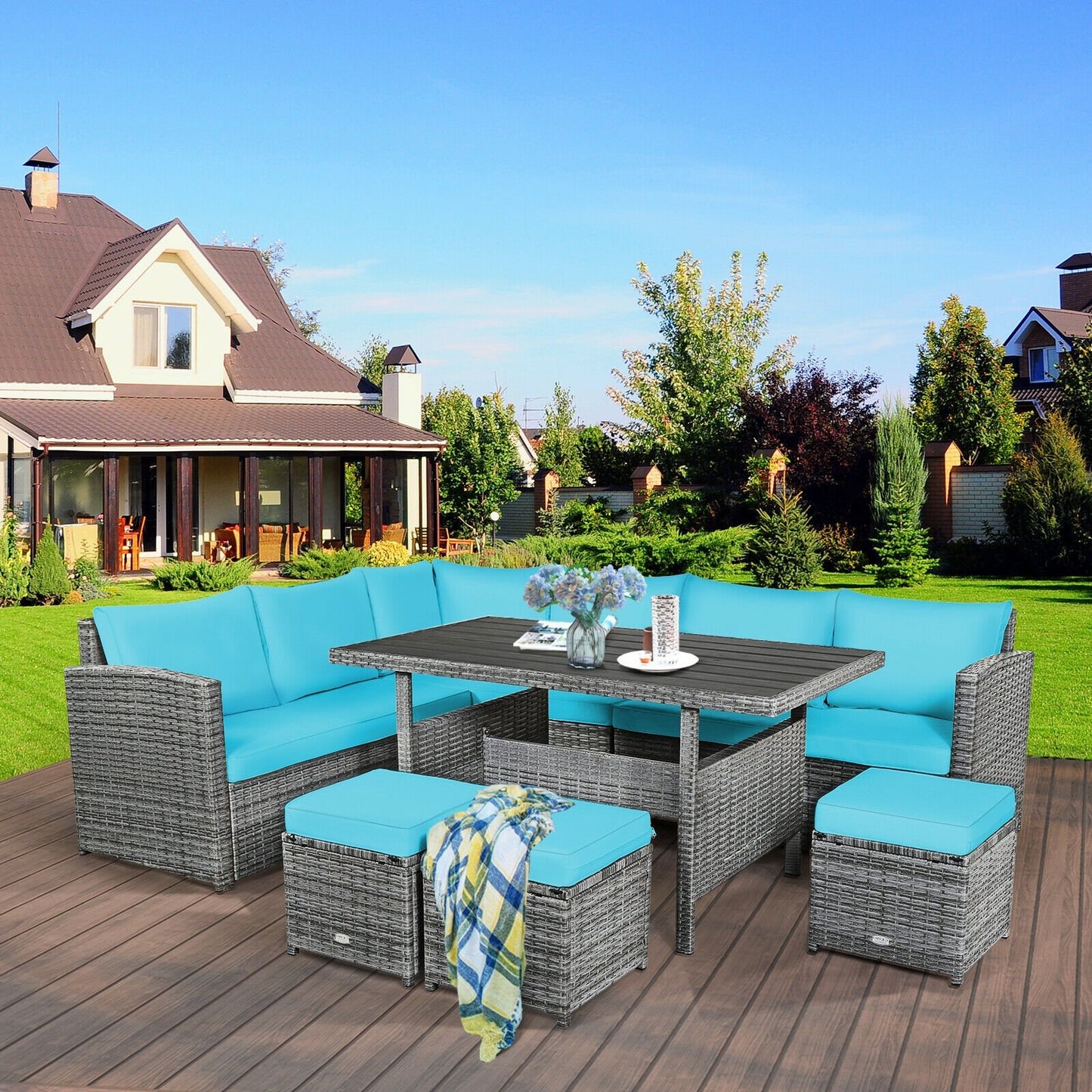 7 Pcs All-Weather Patio Rattan Dining Furniture Sectional Sofa Set with Wicker Ottoman and Cushed Couch-Off White