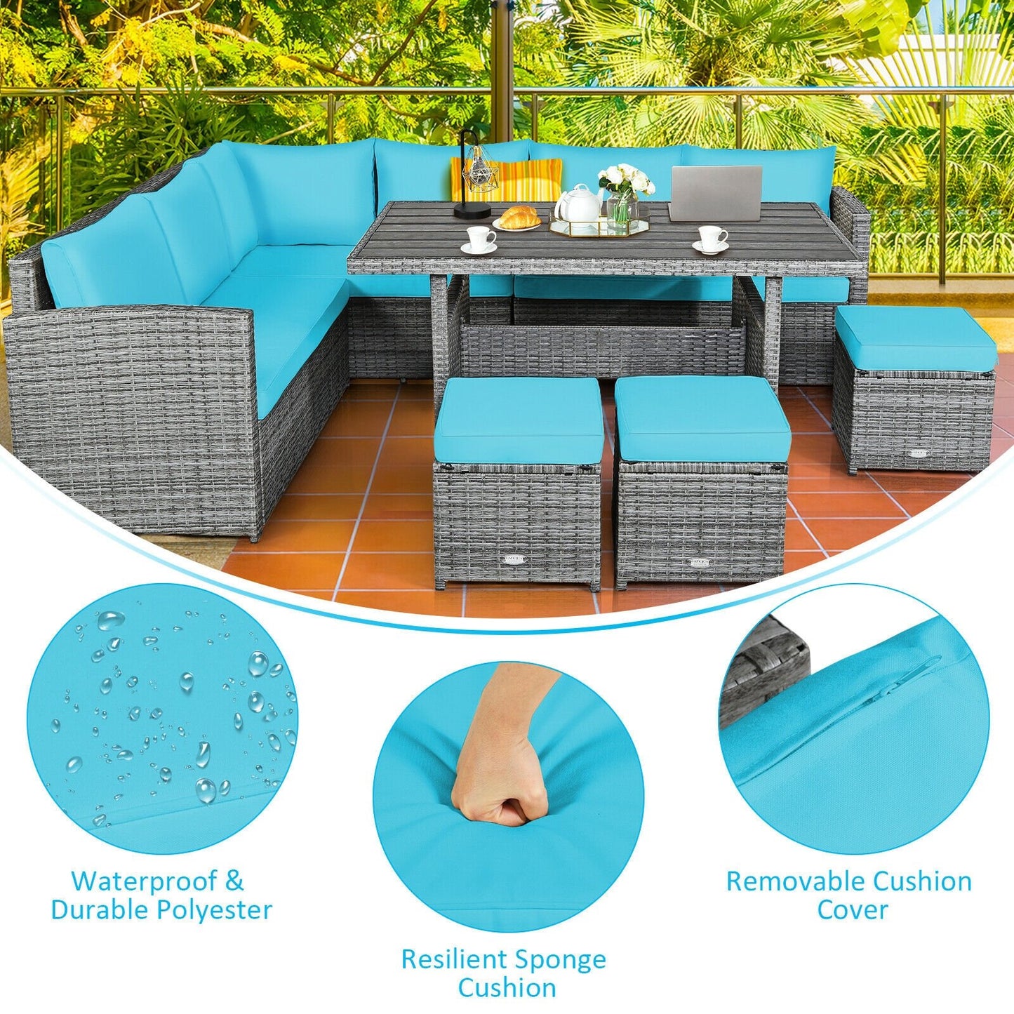 7 Pcs All-Weather Patio Rattan Dining Furniture Sectional Sofa Set with Wicker Ottoman and Cushed Couch-Off White
