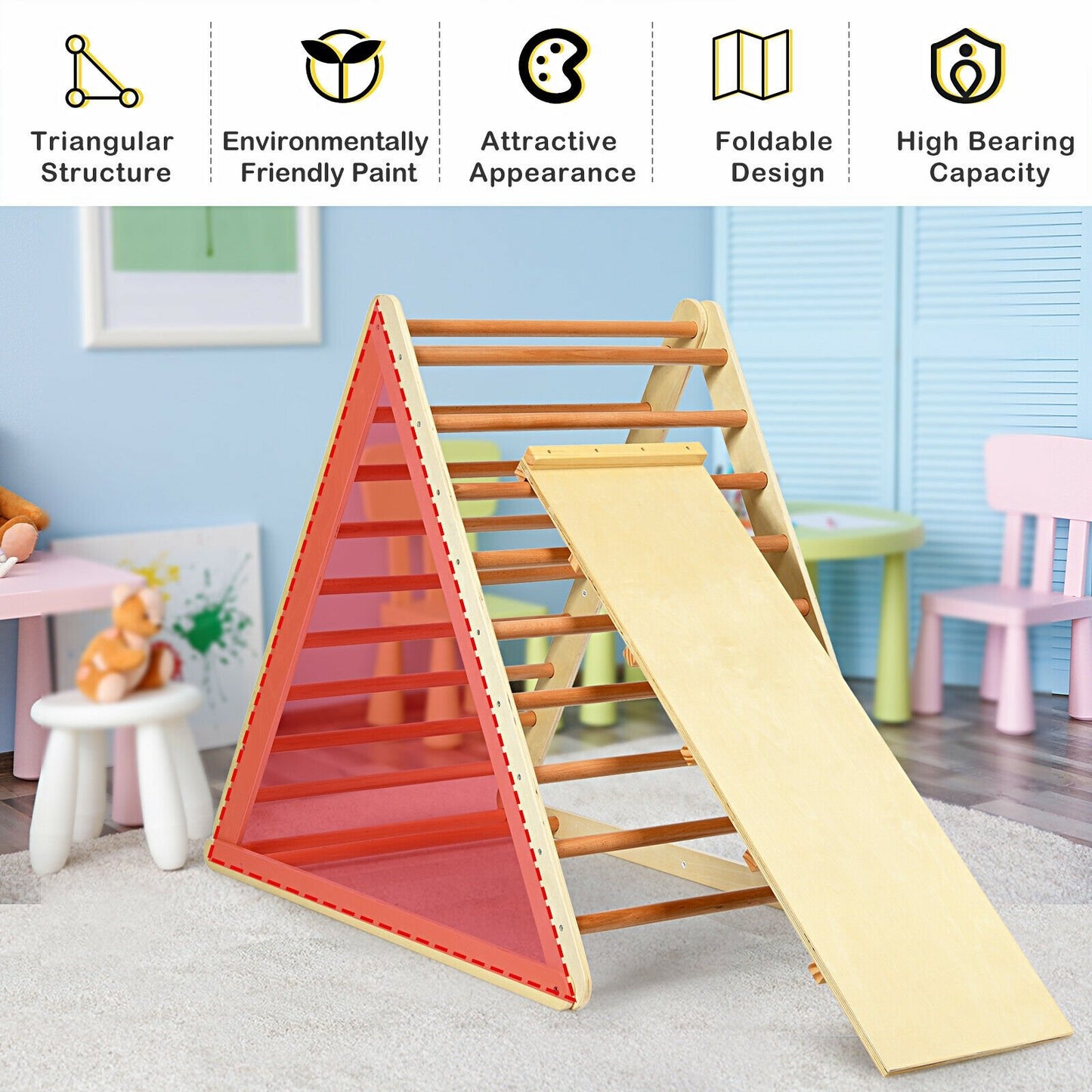 Foldable Wooden Climbing Triangle Indoor with Ladder for Toddler Baby-Multicolor
