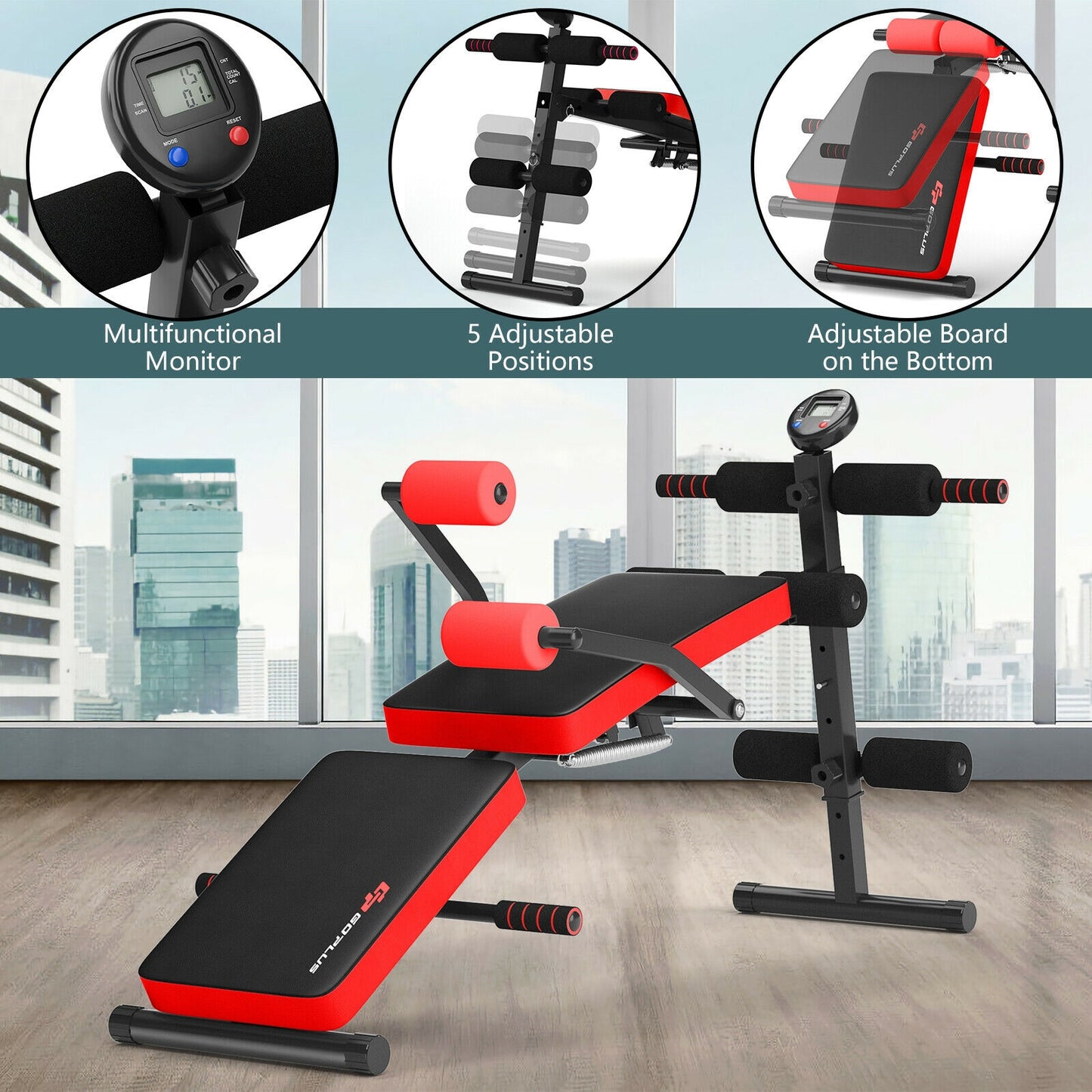 Multi-Functional Foldable Weight Bench Adjustable Sit-up Board with Monitor-Red