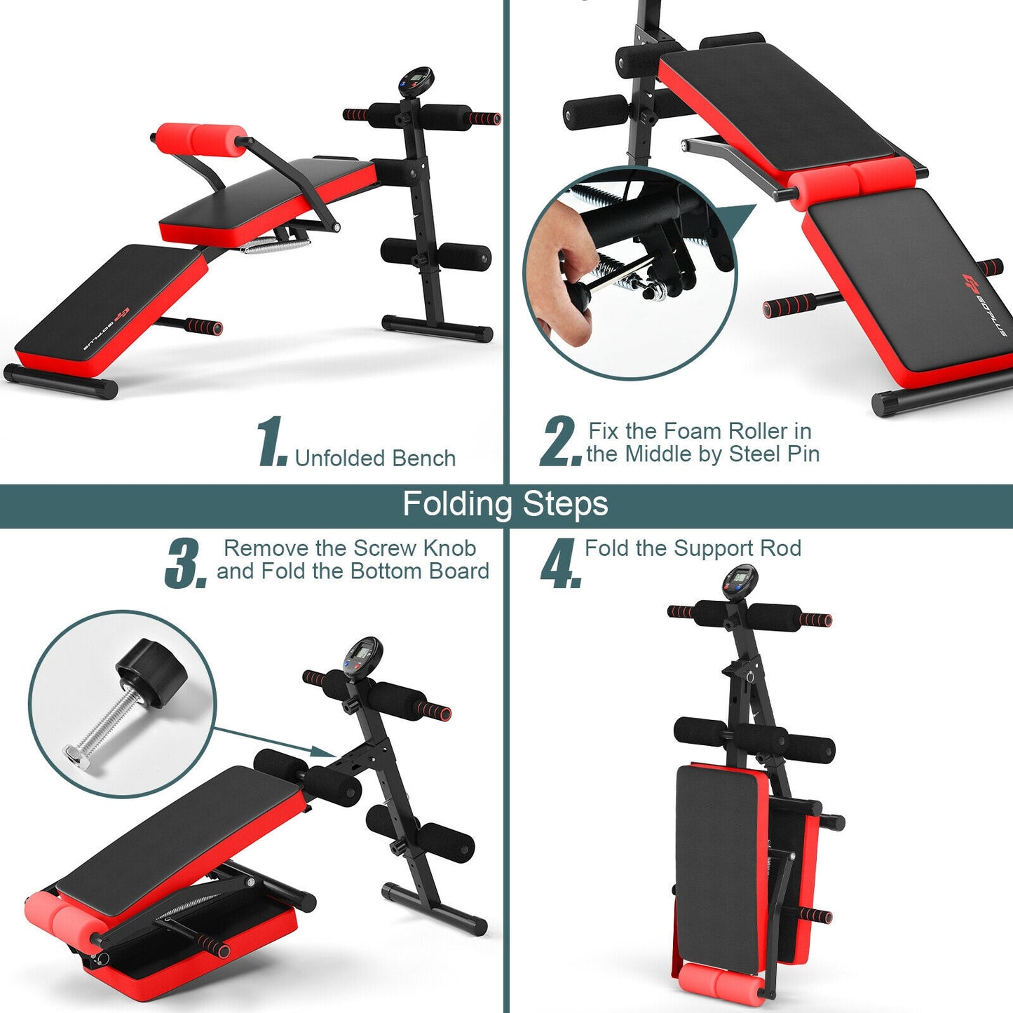 Multi-Functional Foldable Weight Bench Adjustable Sit-up Board with Monitor-Red