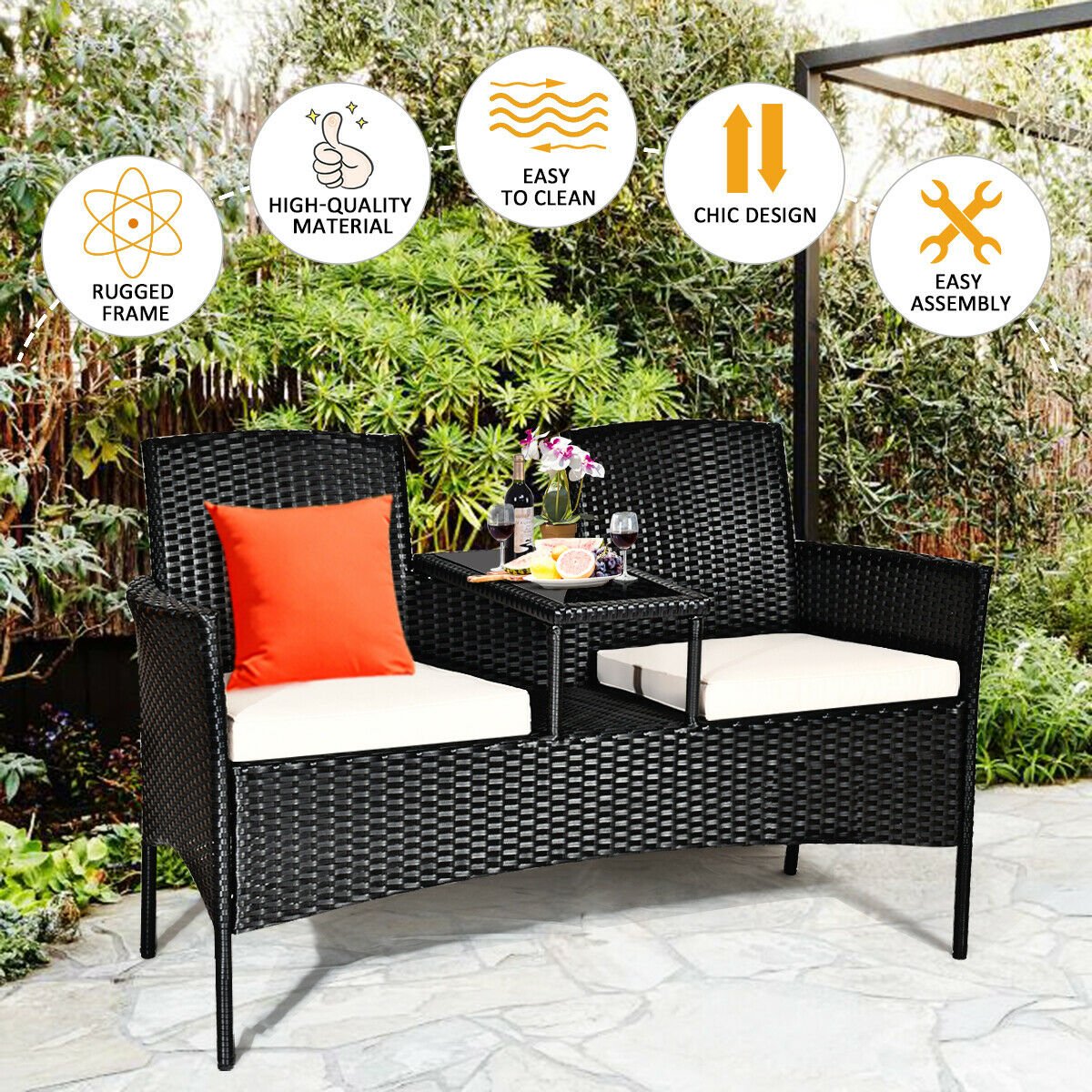 Wicker Patio Conversation Furniture Set with Removable Cushions and Table-Red