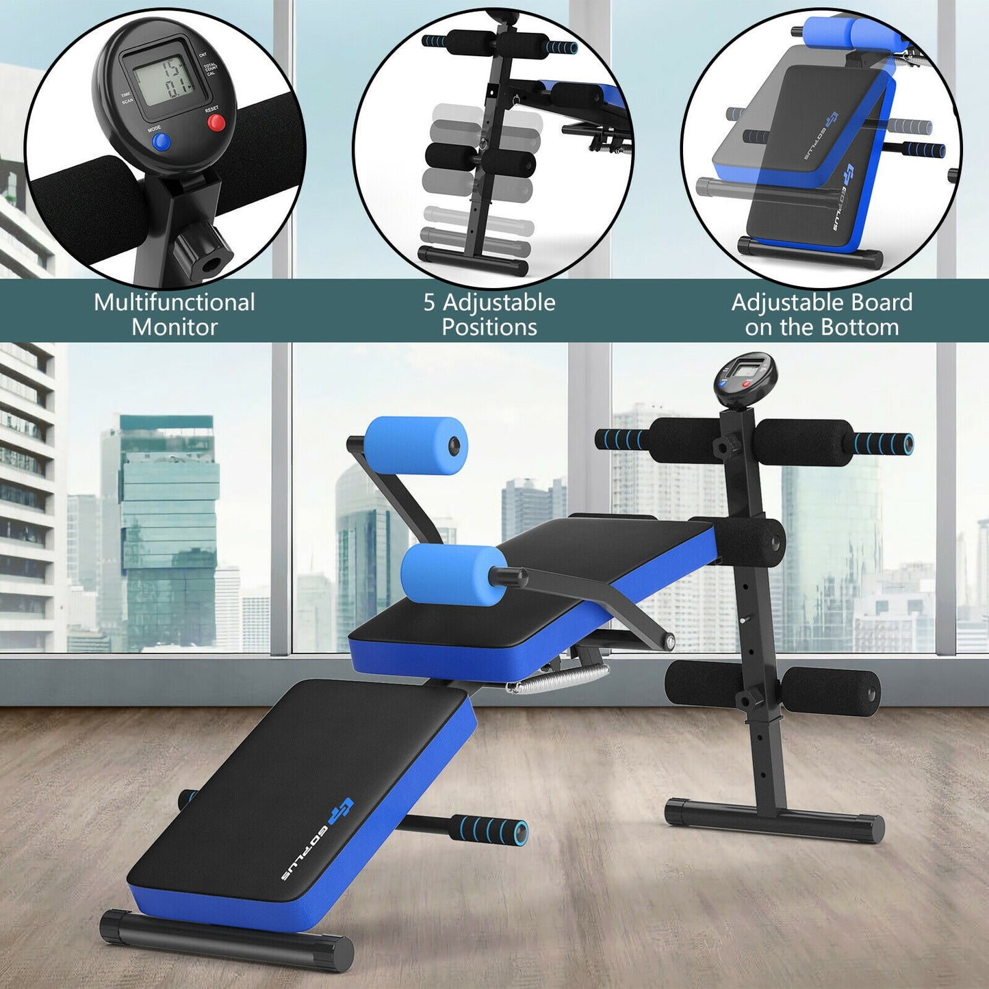 Multi-Functional Foldable Weight Bench Adjustable Sit-up Board with Monitor-Blue