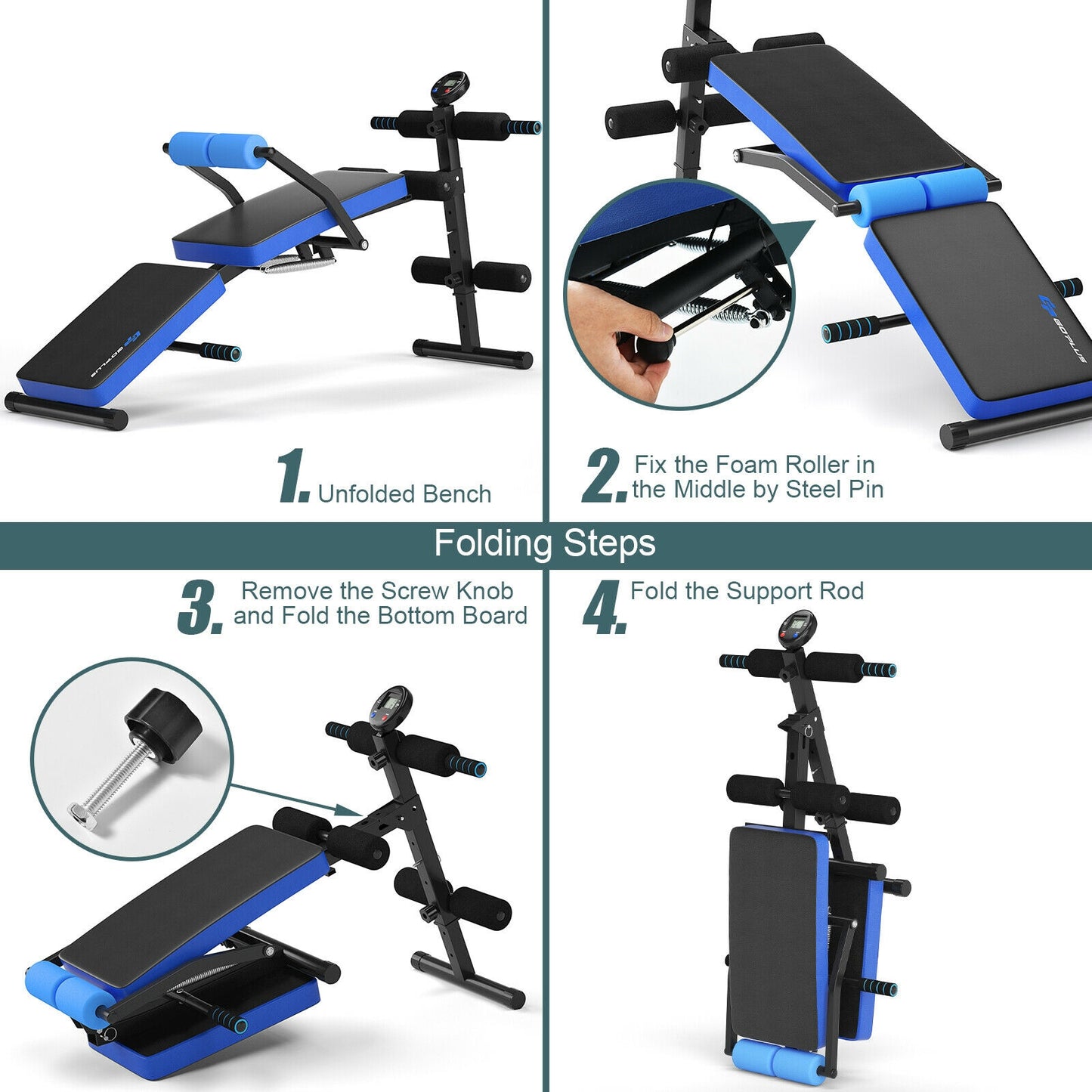 Multi-Functional Foldable Weight Bench Adjustable Sit-up Board with Monitor-Blue