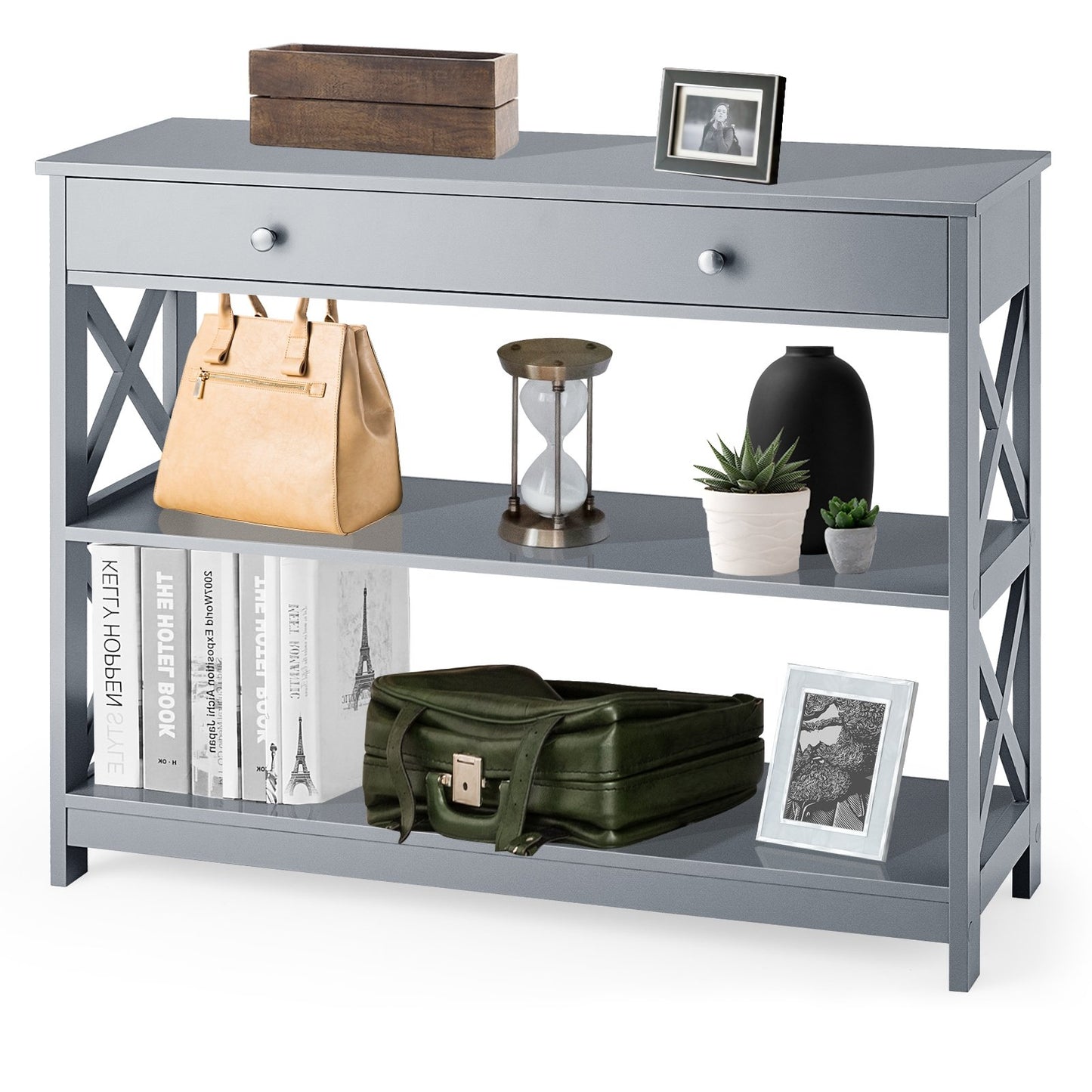 Console Table 3-Tier with Drawer and Storage Shelves-Black