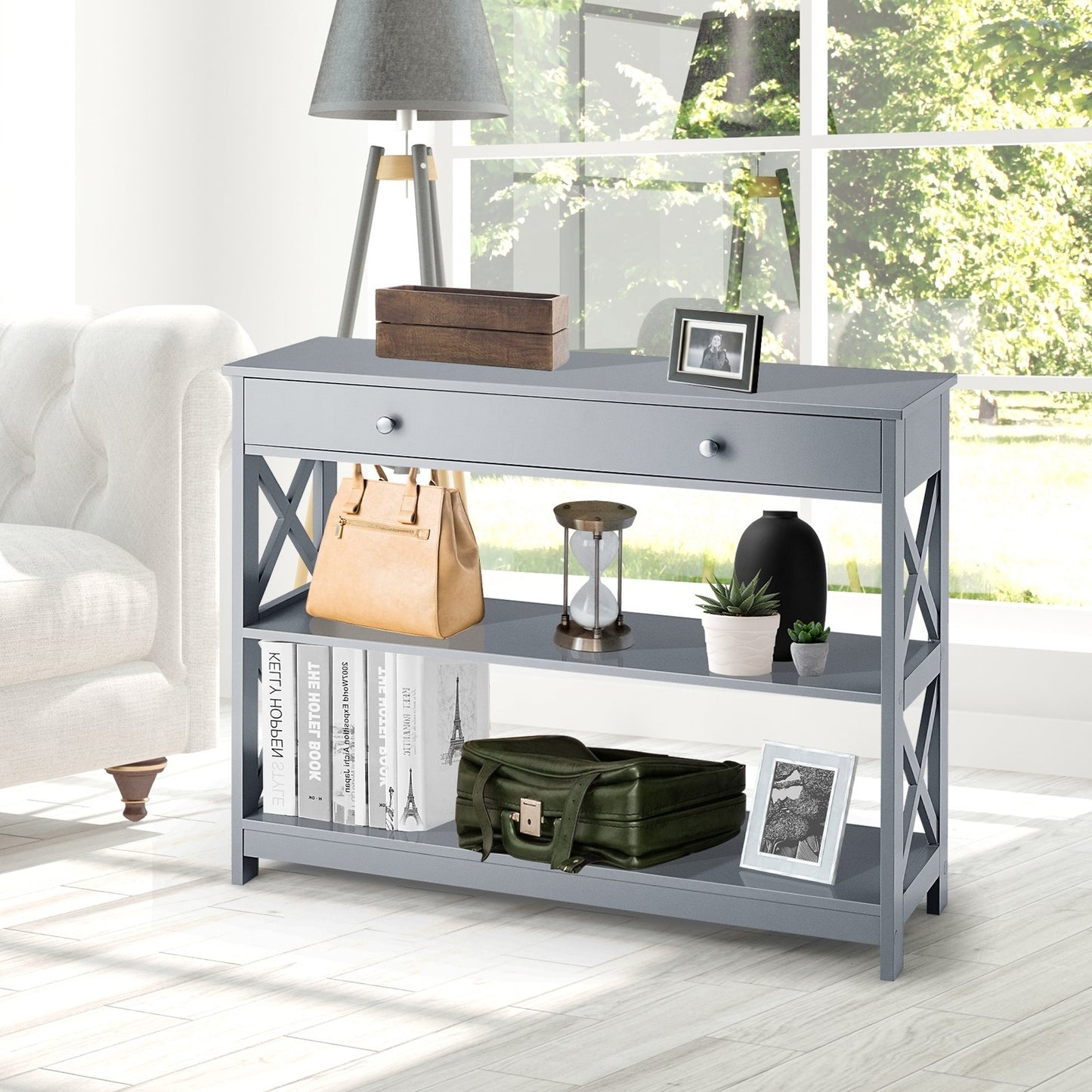 Console Table 3-Tier with Drawer and Storage Shelves-Black