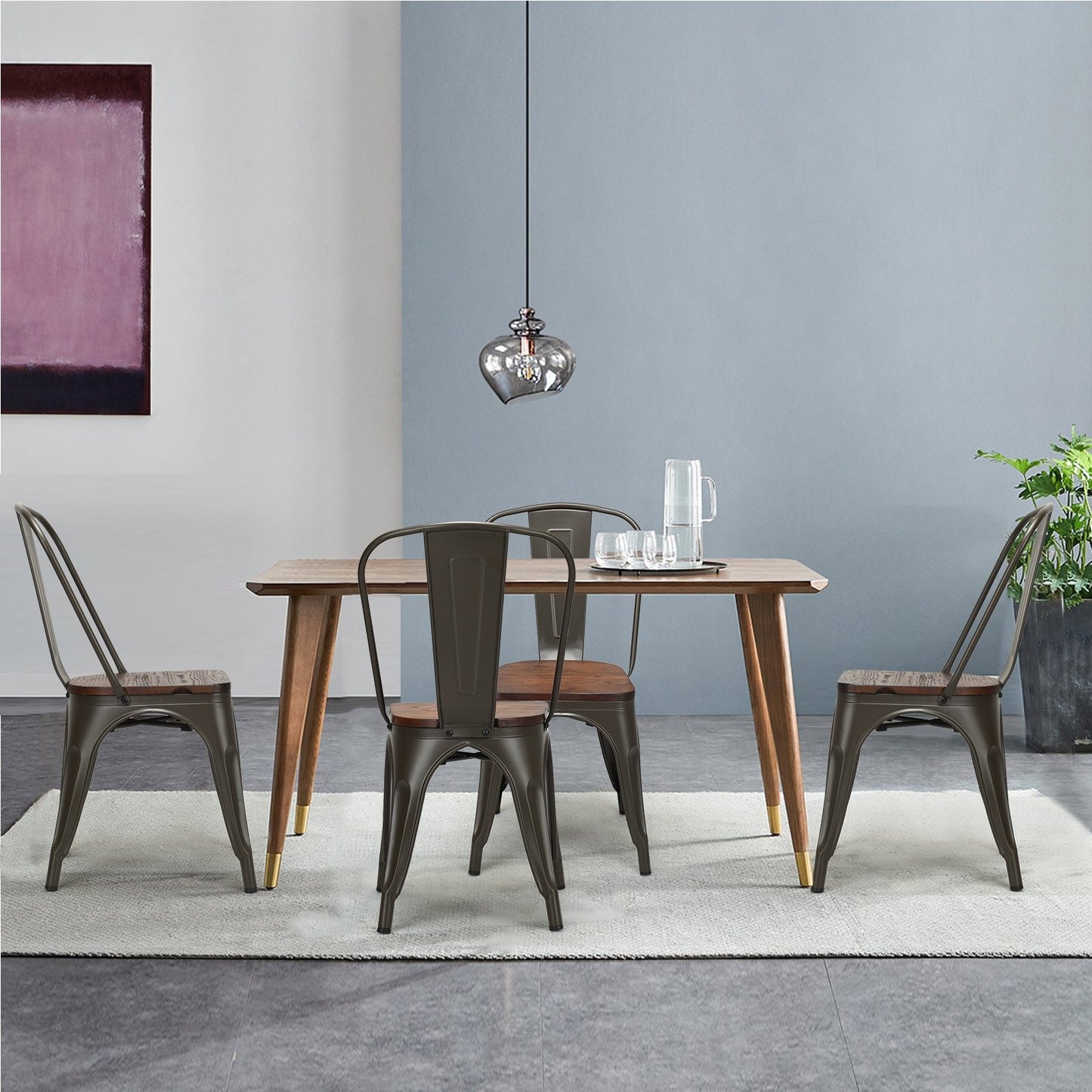 18 Inch Height Set of 4 Stackable Style Metal Wood Dining Chair-Black