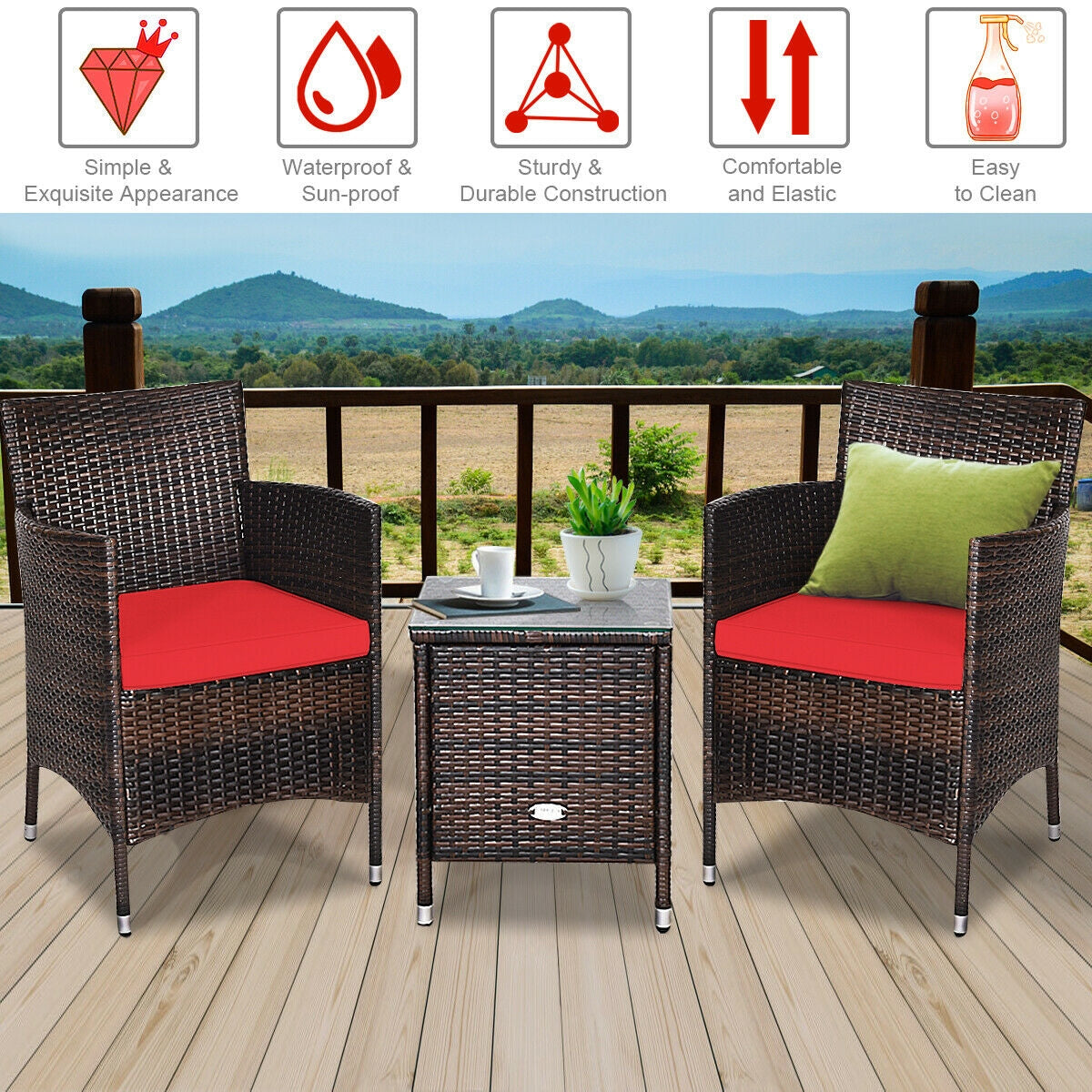 3 Pcs Patio Furniture Set Outdoor Wicker Rattan Set-Blue