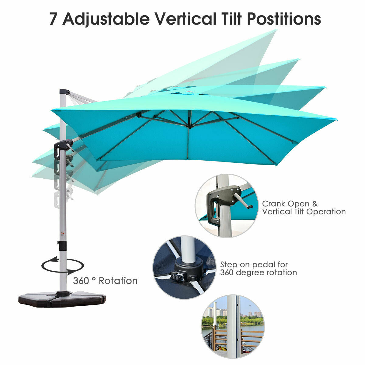10 ft 360 Degree Tilt Aluminum Square Patio Offset Cantilever Umbrella without Weight Base-Blue