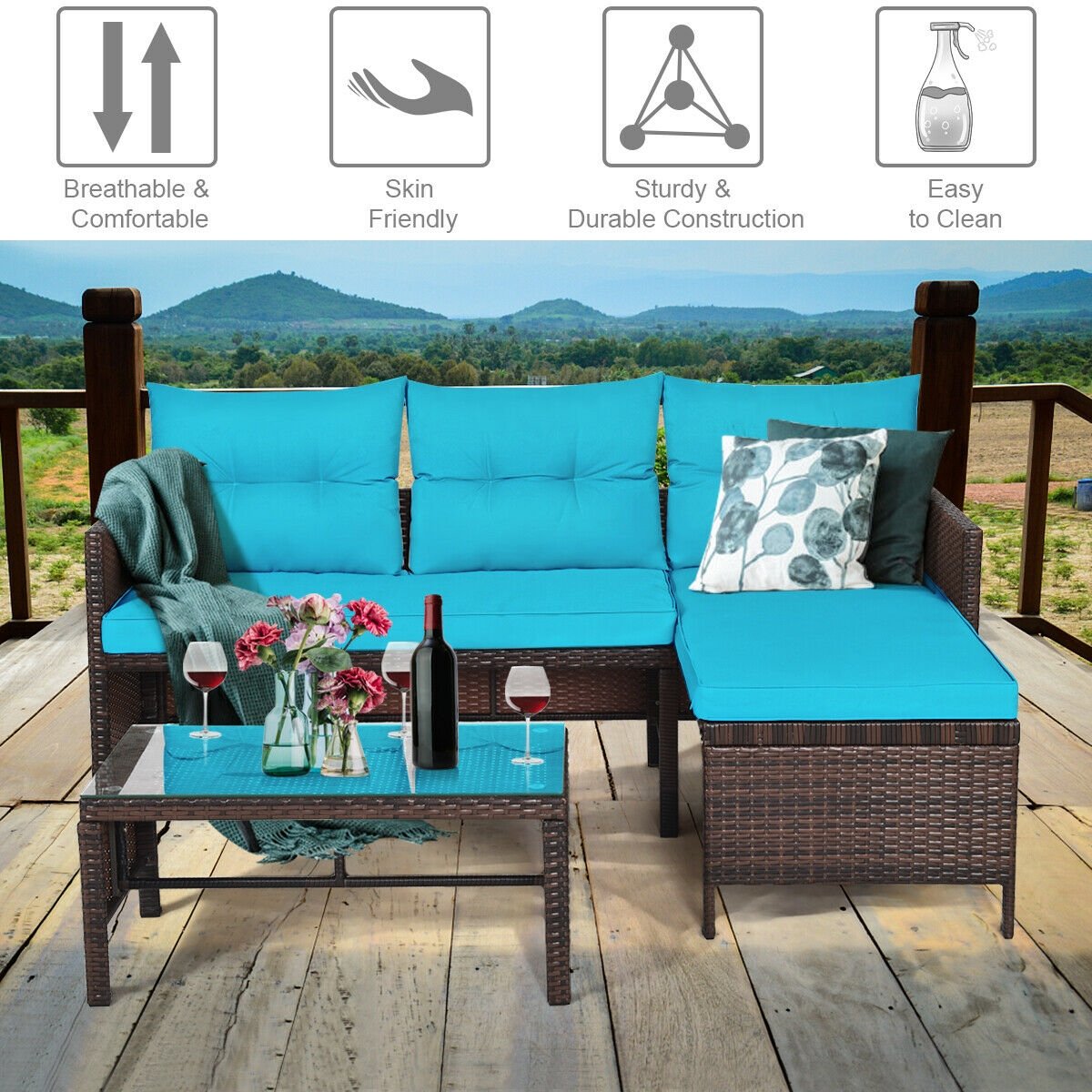 3 Pieces Patio Wicker Rattan Sofa Set-Beige