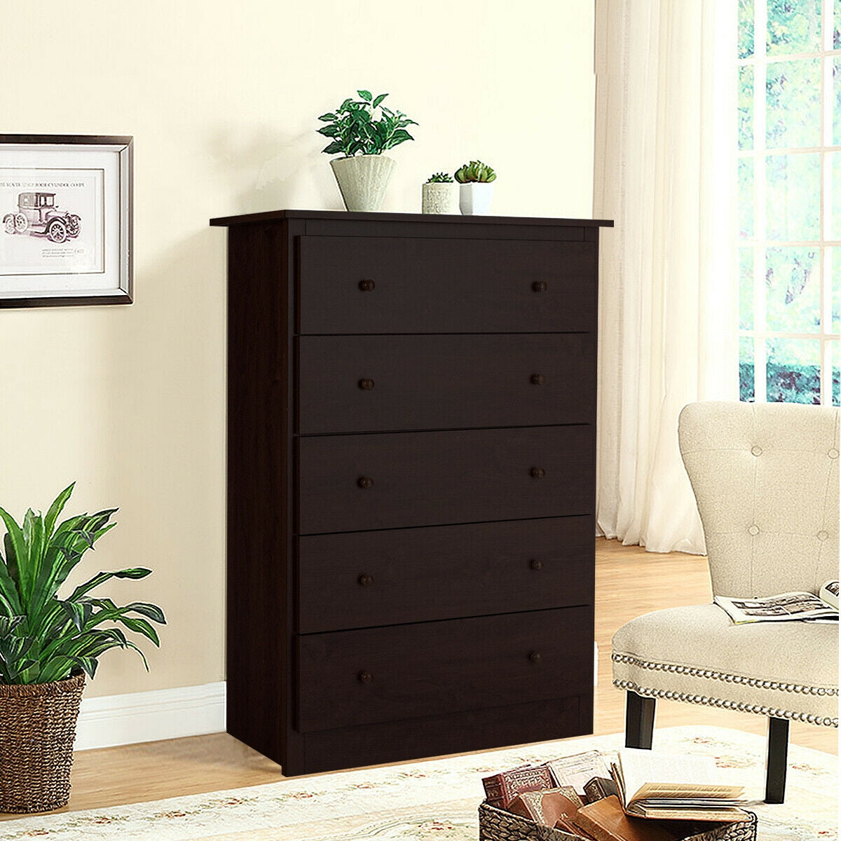Functional Storage Organized Dresser with 5 Drawer-Brown