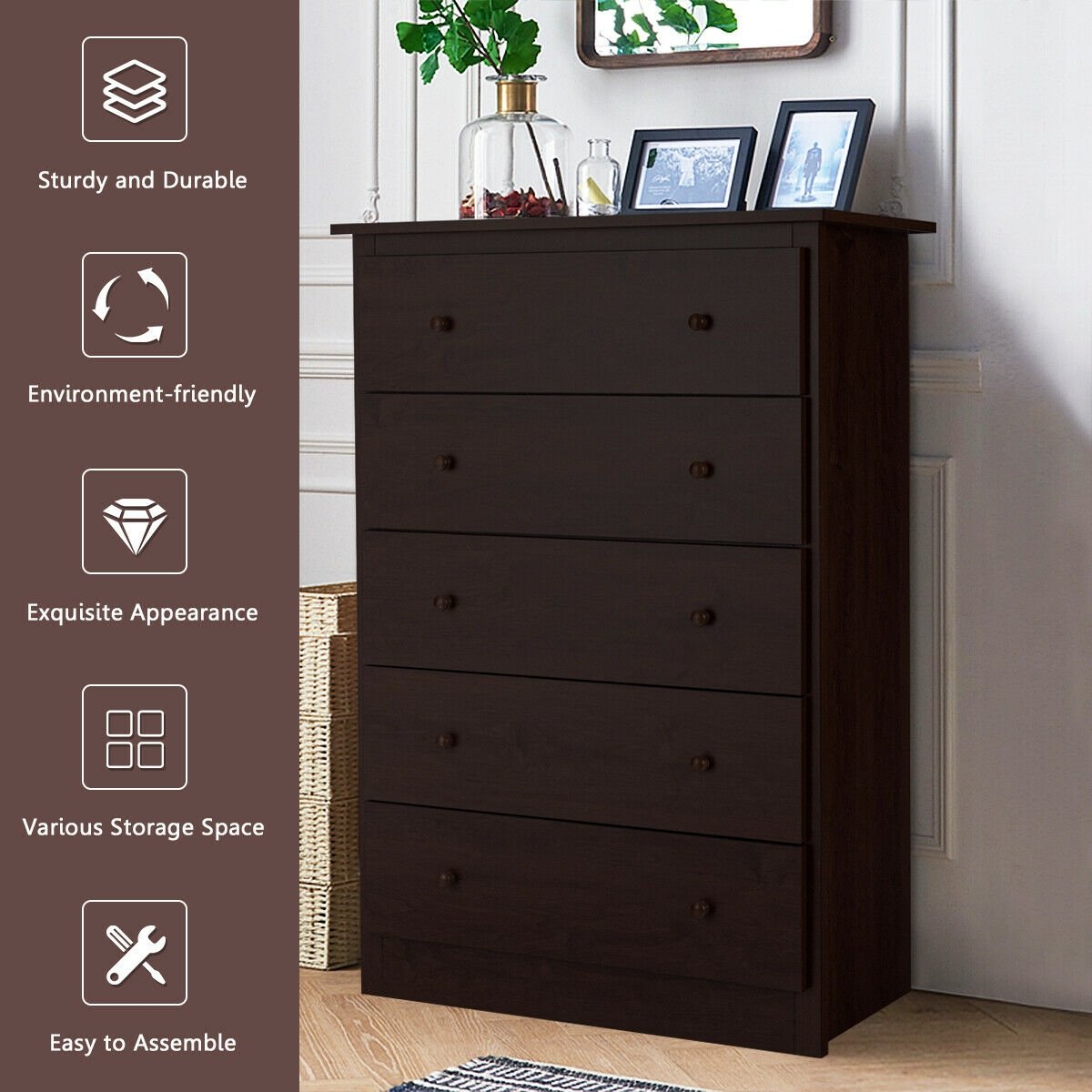 Functional Storage Organized Dresser with 5 Drawer-Brown