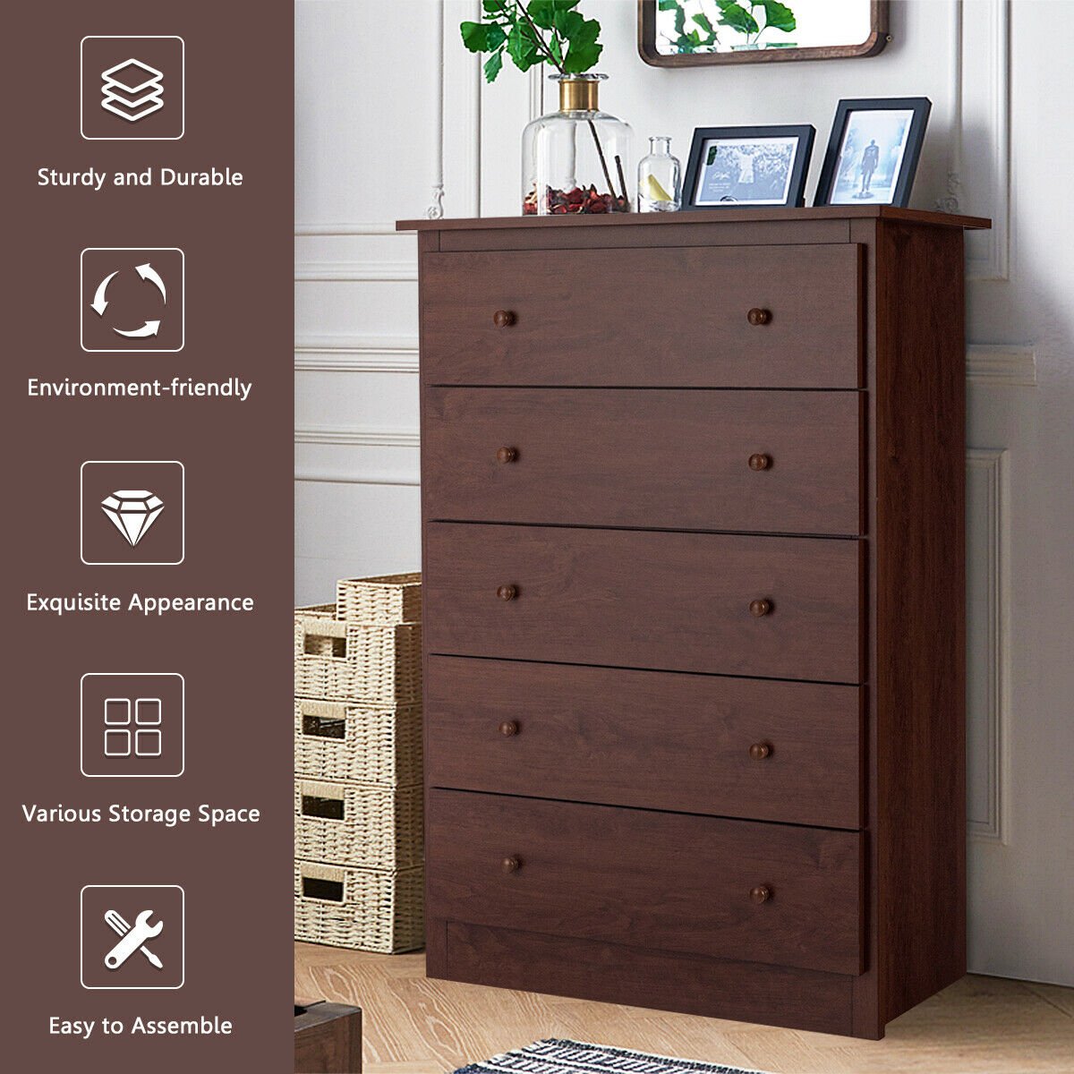 Functional Storage Organized Dresser with 5 Drawer-Brown