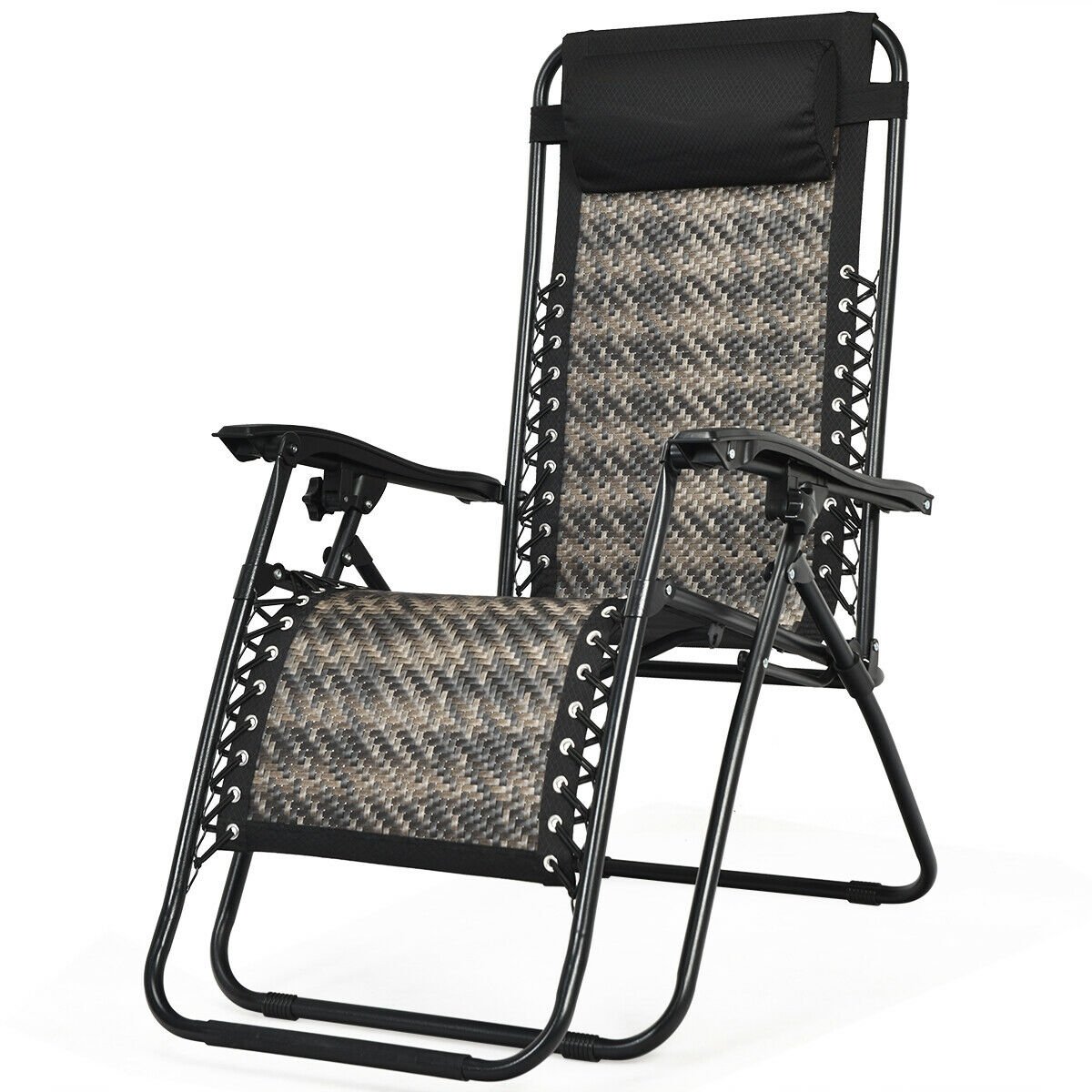 Folding Rattan Zero Gravity Lounge Chair with Removable Head Pillow-Brown