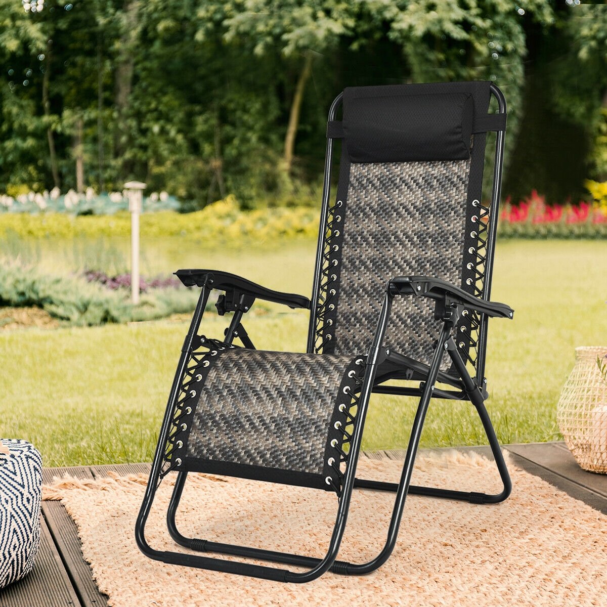 Folding Rattan Zero Gravity Lounge Chair with Removable Head Pillow-Brown