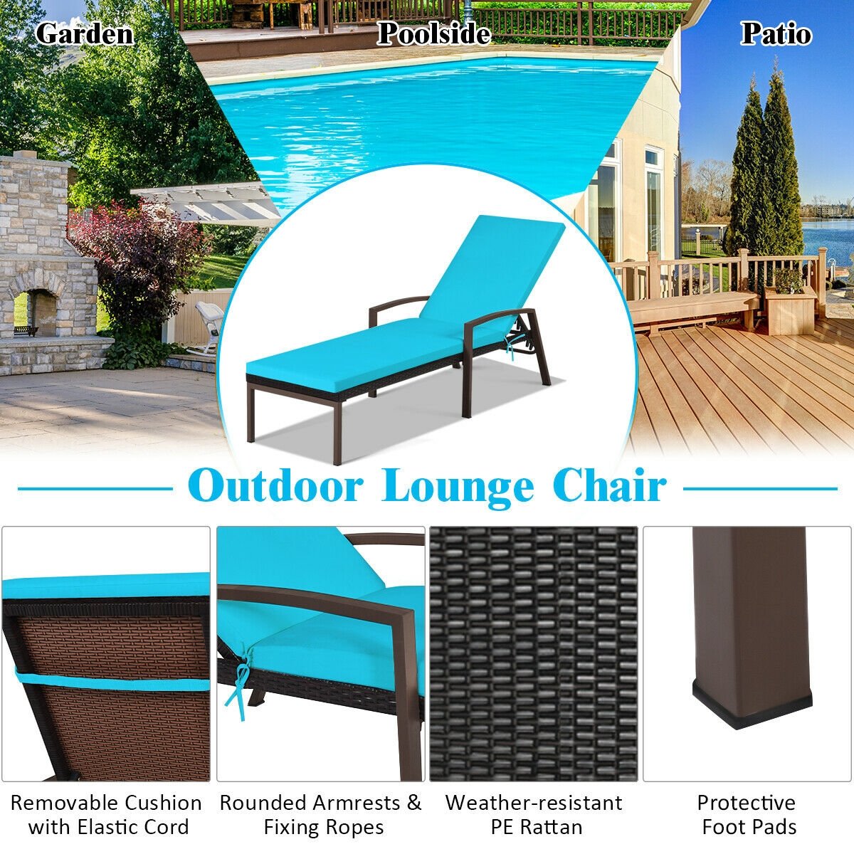 Patio Rattan Lounge Chaise Recliner with Back Adjustable Cushioned