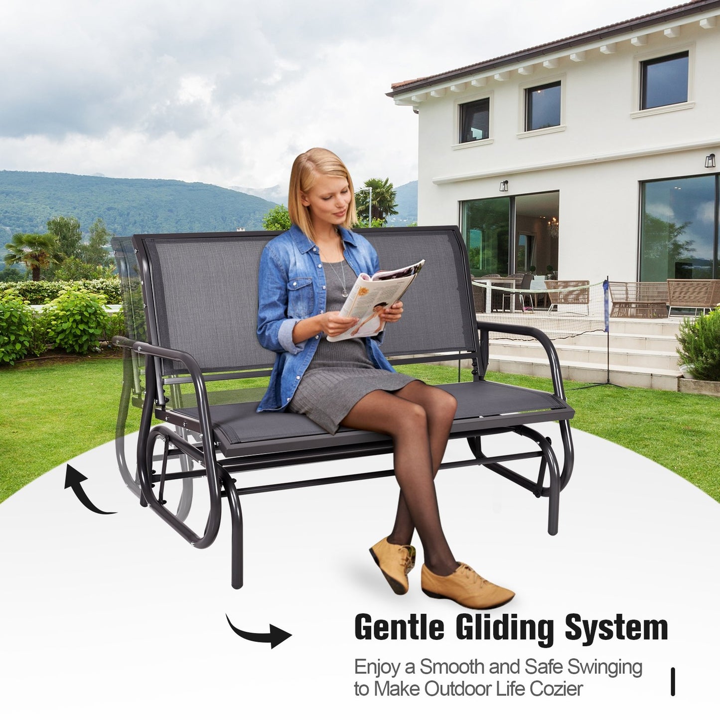 Swing Glider Chair 48 Inch Loveseat Rocker Lounge Backyard-Beige