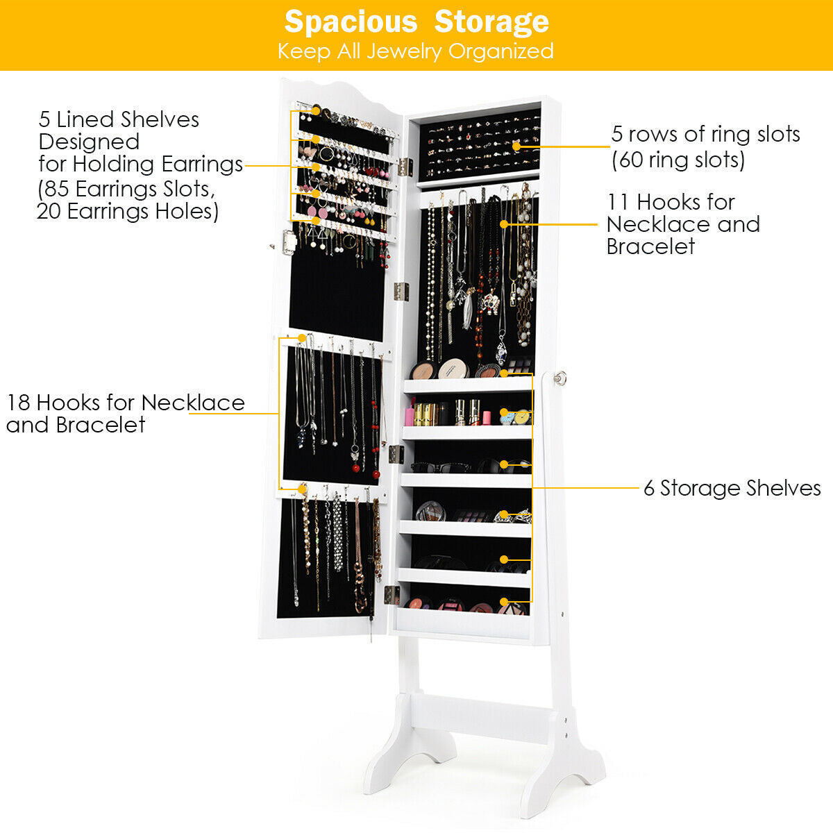 Mirrored Lockable Jewelry Cabinet Armoire Organizer Storage Box-White