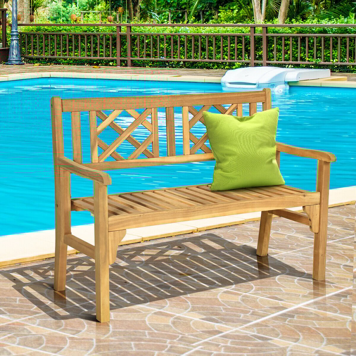 Patio Foldable Bench with Curved Backrest and Armrest