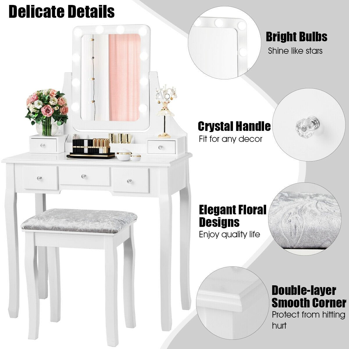 Vanity Dressing Table Set with 10 Dimmable Bulbs and Cushioned Stool-Black