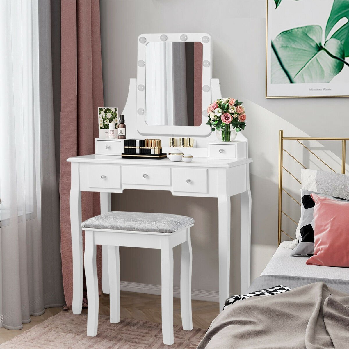 Vanity Dressing Table Set with 10 Dimmable Bulbs and Cushioned Stool-Black
