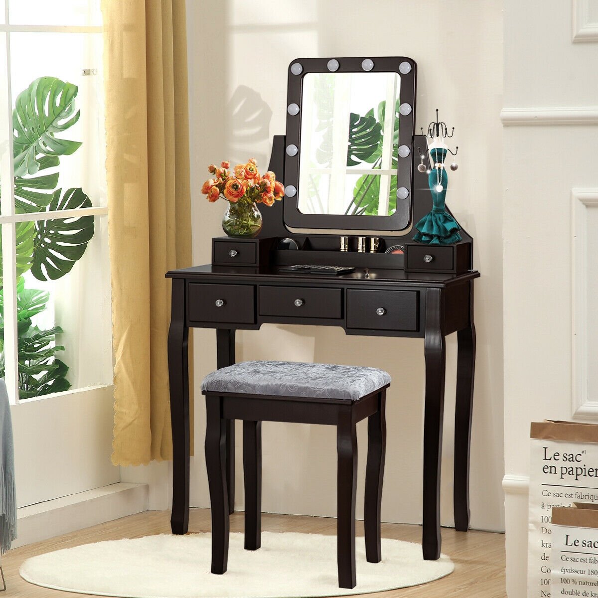 Vanity Dressing Table Set with 10 Dimmable Bulbs and Cushioned Stool-Black