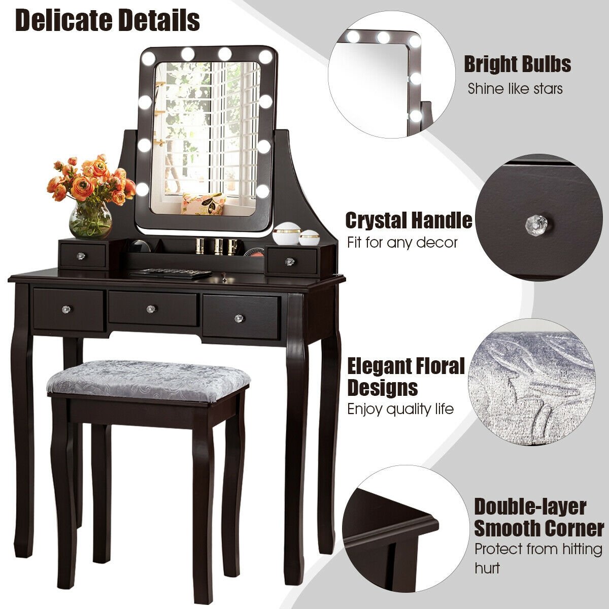 Vanity Dressing Table Set with 10 Dimmable Bulbs and Cushioned Stool-Black