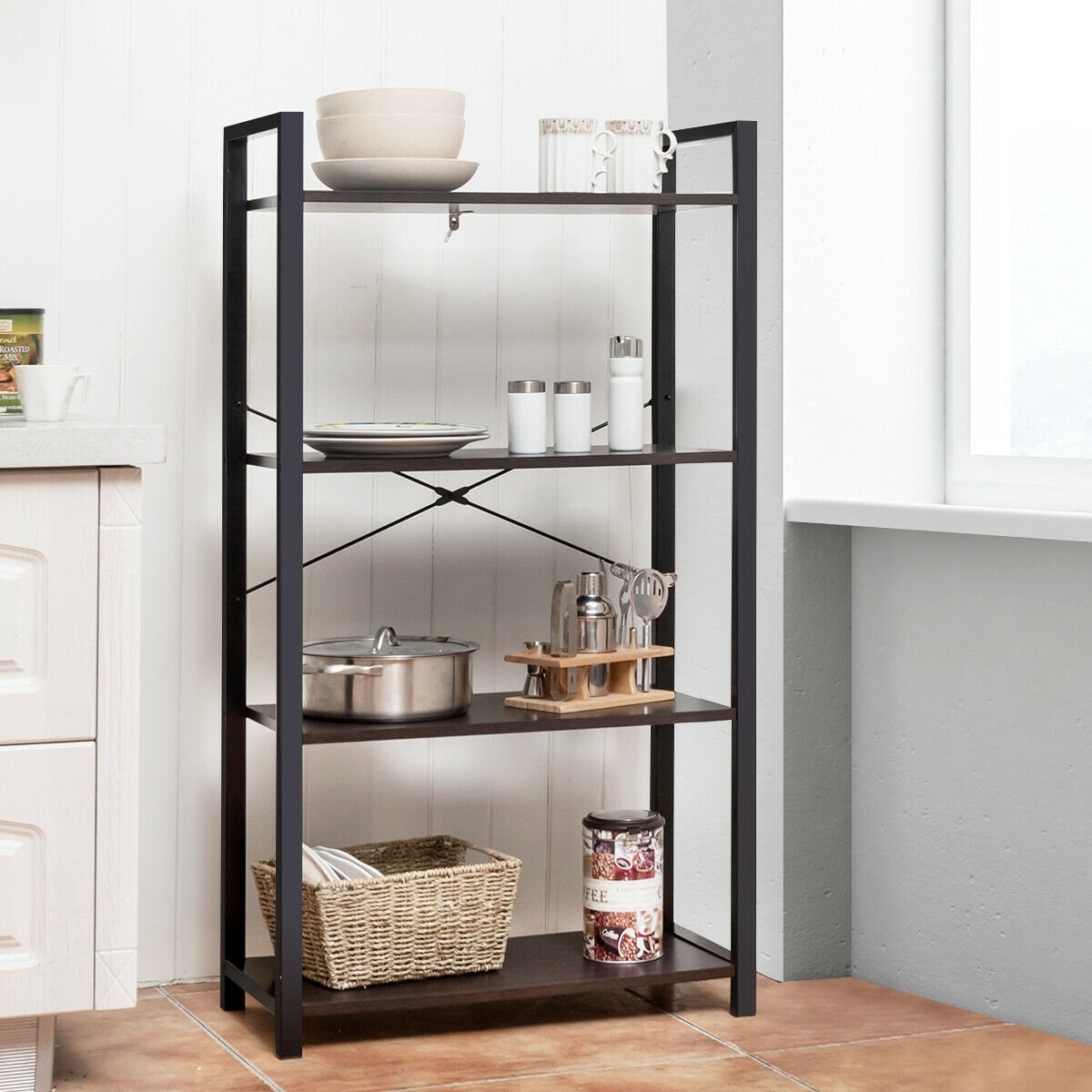 4-Tier Bookshelf Industrial Bookcase Plant Flower Stand-Black