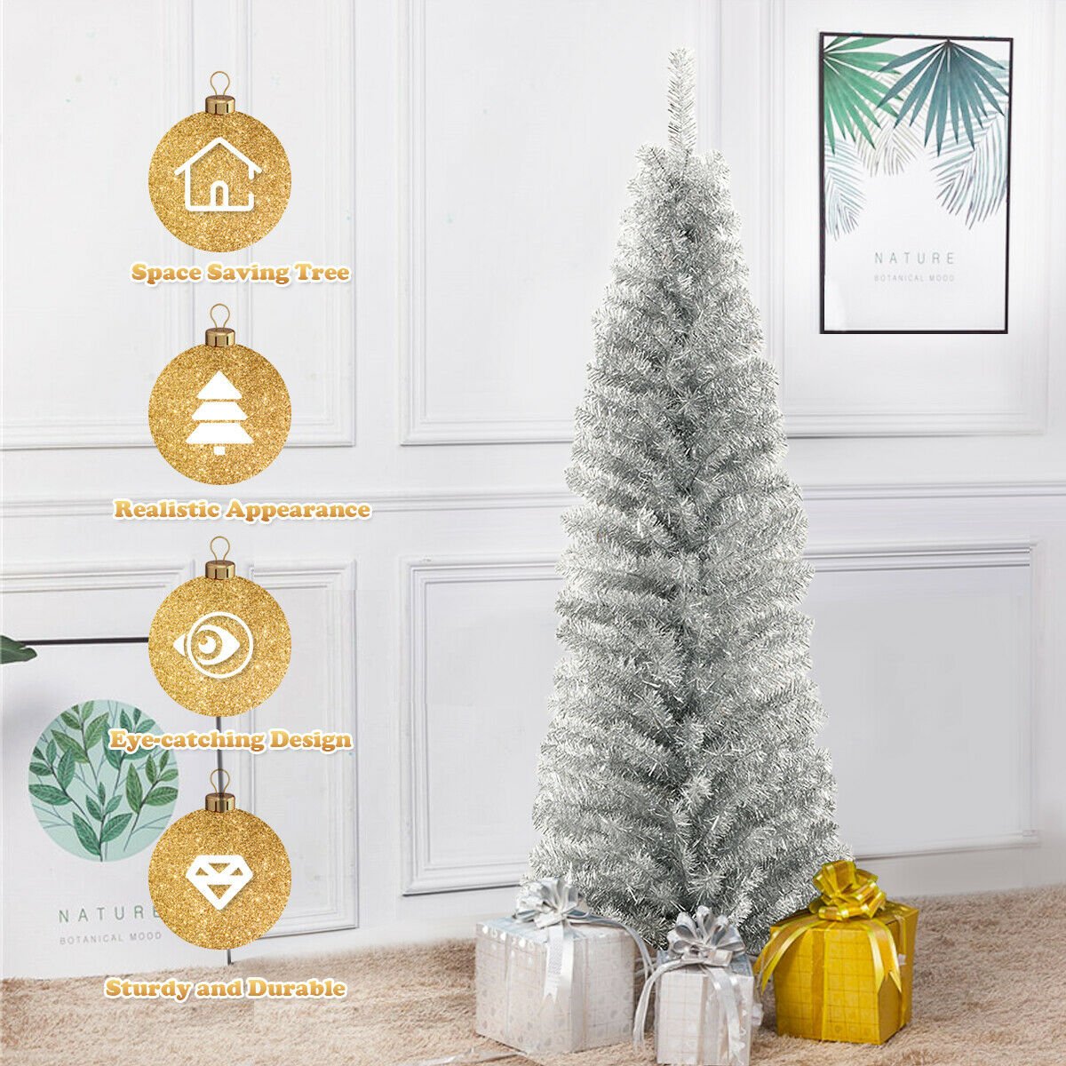 6 Feet Tinsel Tree Unlit Slim Pencil Christmas Tree-Champagne