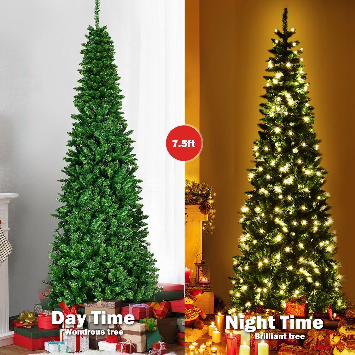6.5 Feet Pre-Lit Hinged Artificial Pencil Christmas Tree-6.5 ft