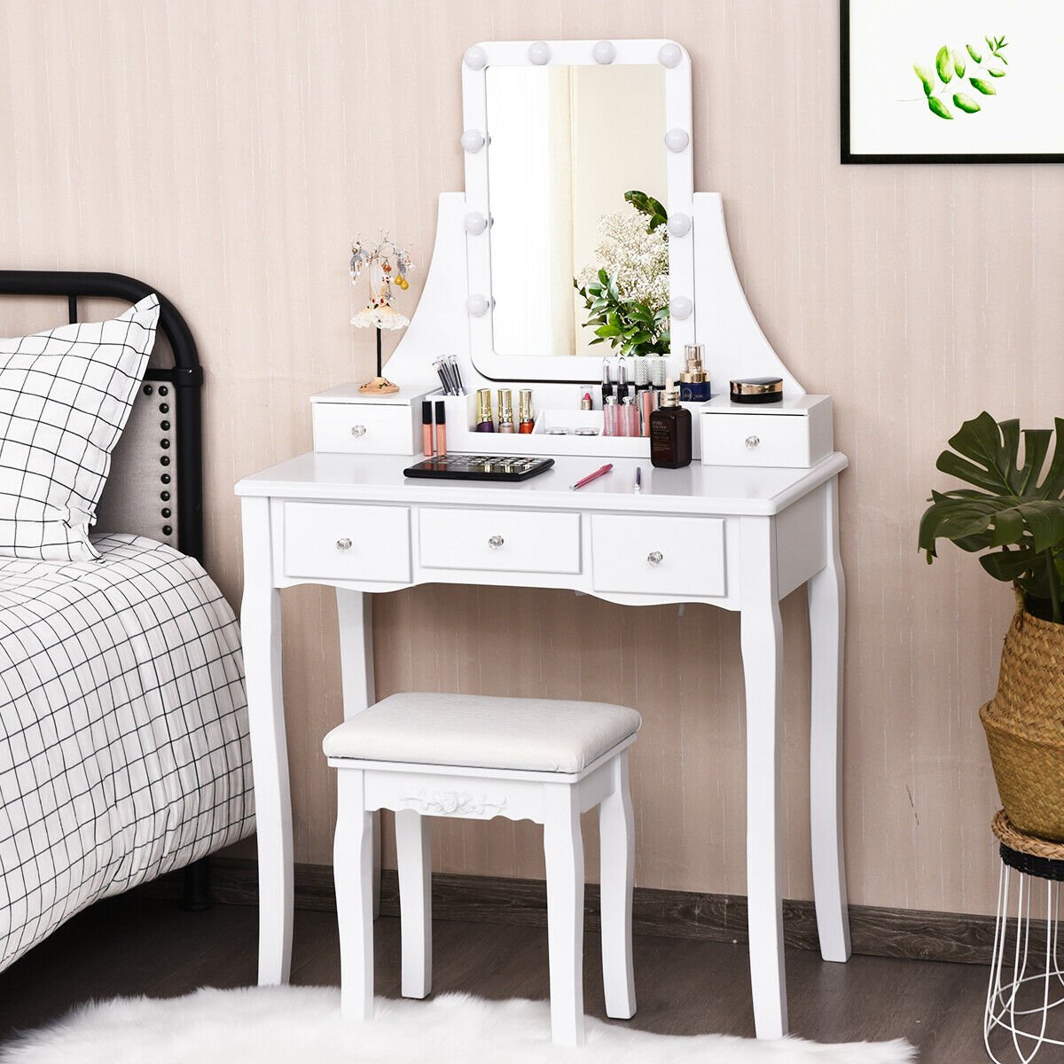 10 Dimmable Light Bulbs Vanity Dressing Table with 2 Dividers and Cushioned Stool-Black
