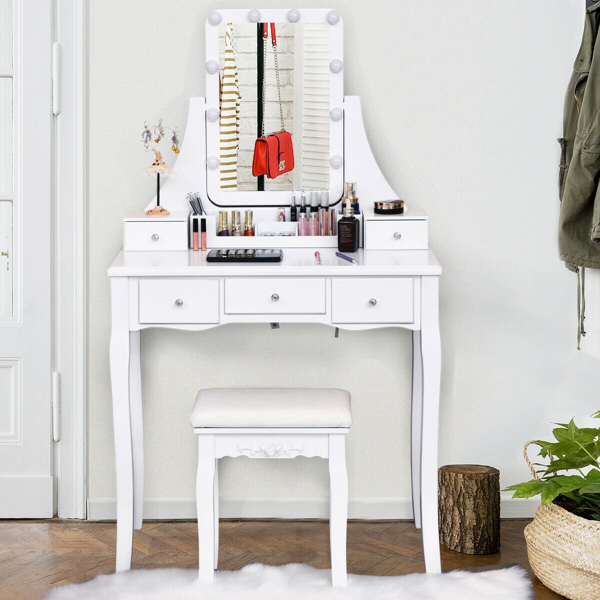 10 Dimmable Light Bulbs Vanity Dressing Table with 2 Dividers and Cushioned Stool-Black