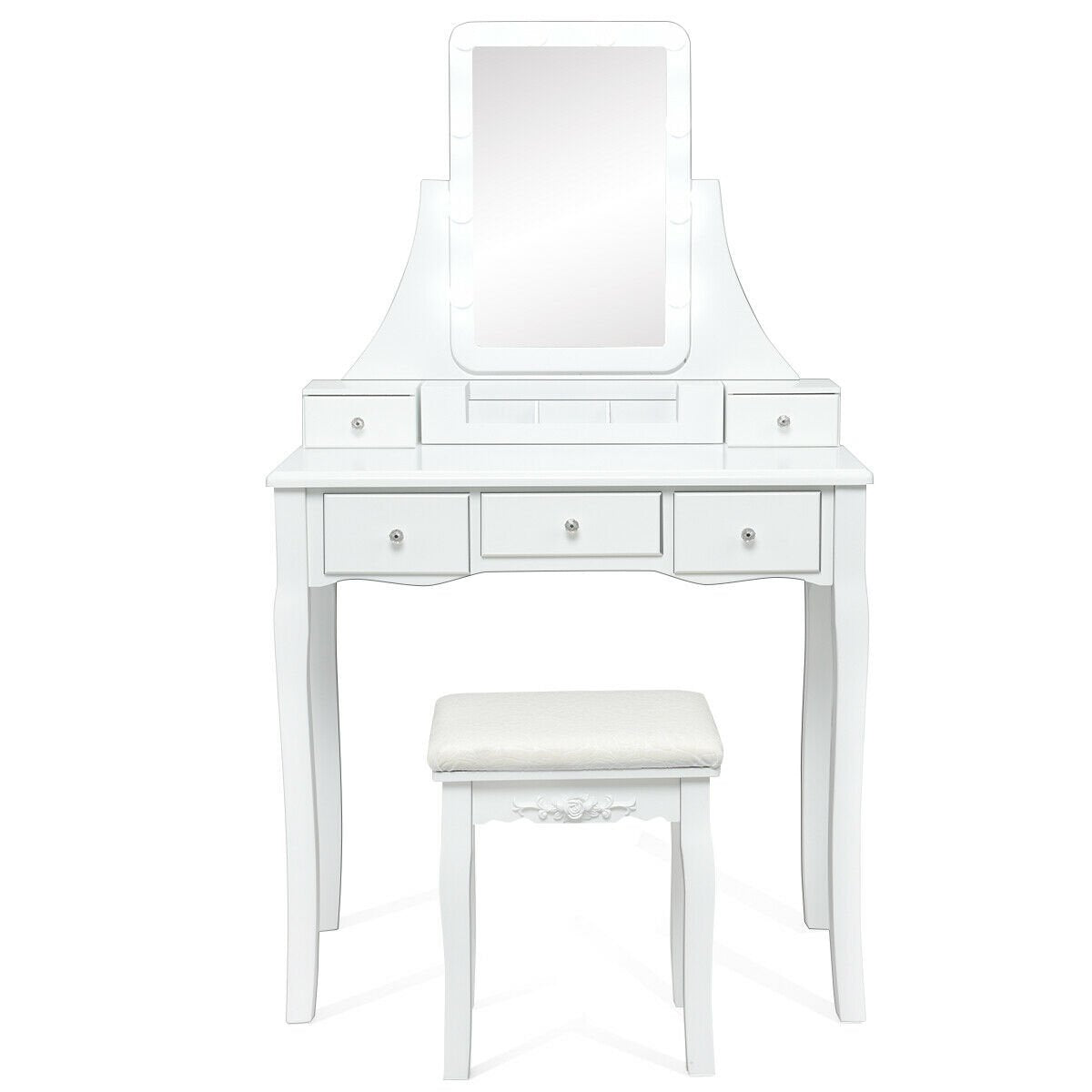 10 Dimmable Light Bulbs Vanity Dressing Table with 2 Dividers and Cushioned Stool-Black