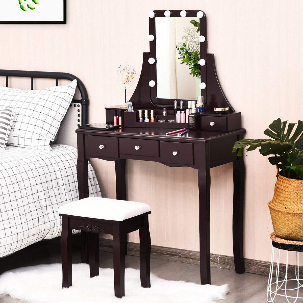 10 Dimmable Light Bulbs Vanity Dressing Table with 2 Dividers and Cushioned Stool-Black