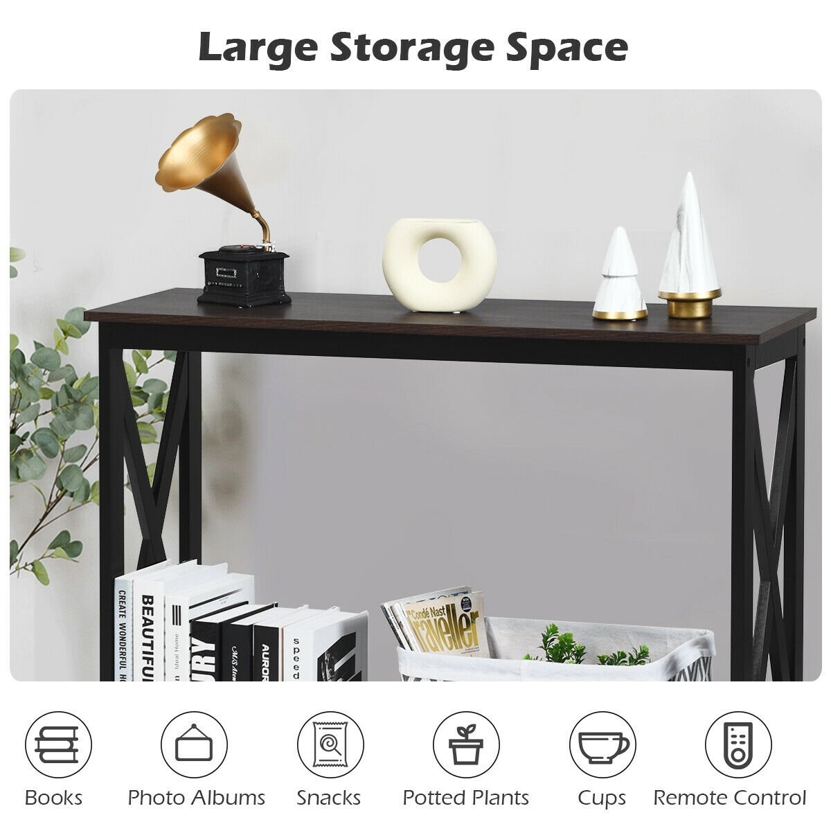 2-Tier Console X-Design Sofa Side Accent Table-Black