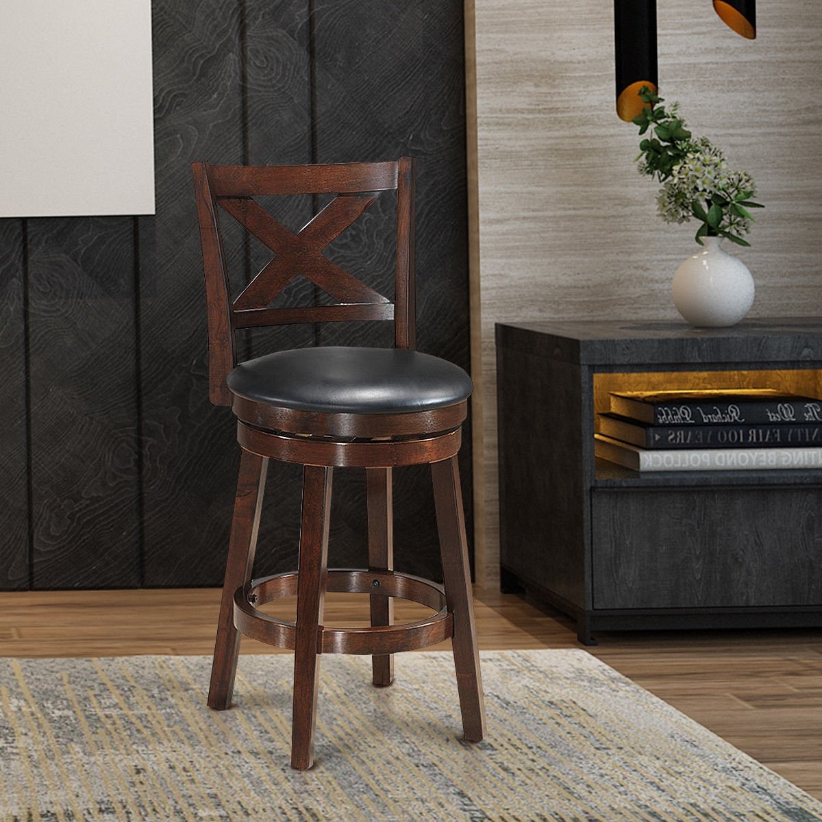 Swivel X-back Upholstered Counter Height Bar Stool with PVC Cushioned Seat-29 Inch