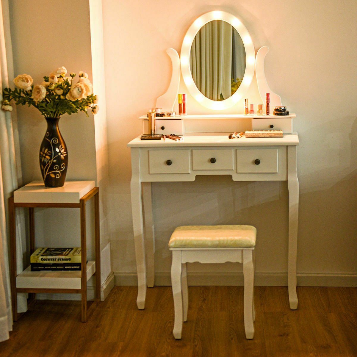 5 Drawers Vanity Table Stool Set with 12-LED Bulbs-Black