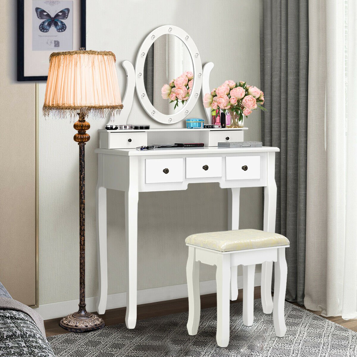 5 Drawers Vanity Table Stool Set with 12-LED Bulbs-Black