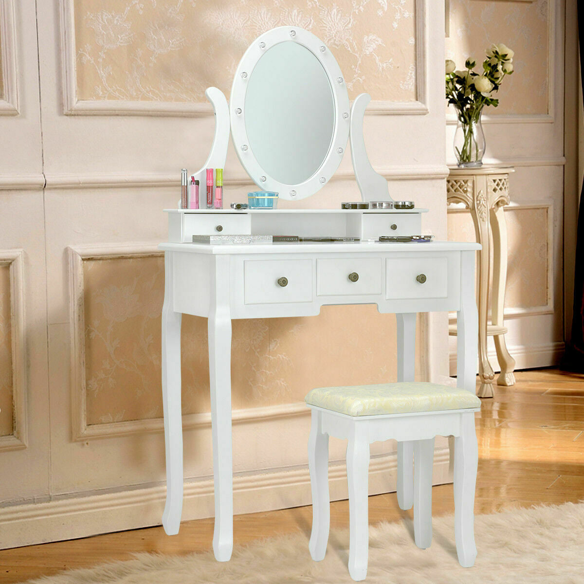 5 Drawers Vanity Table Stool Set with 12-LED Bulbs-Black