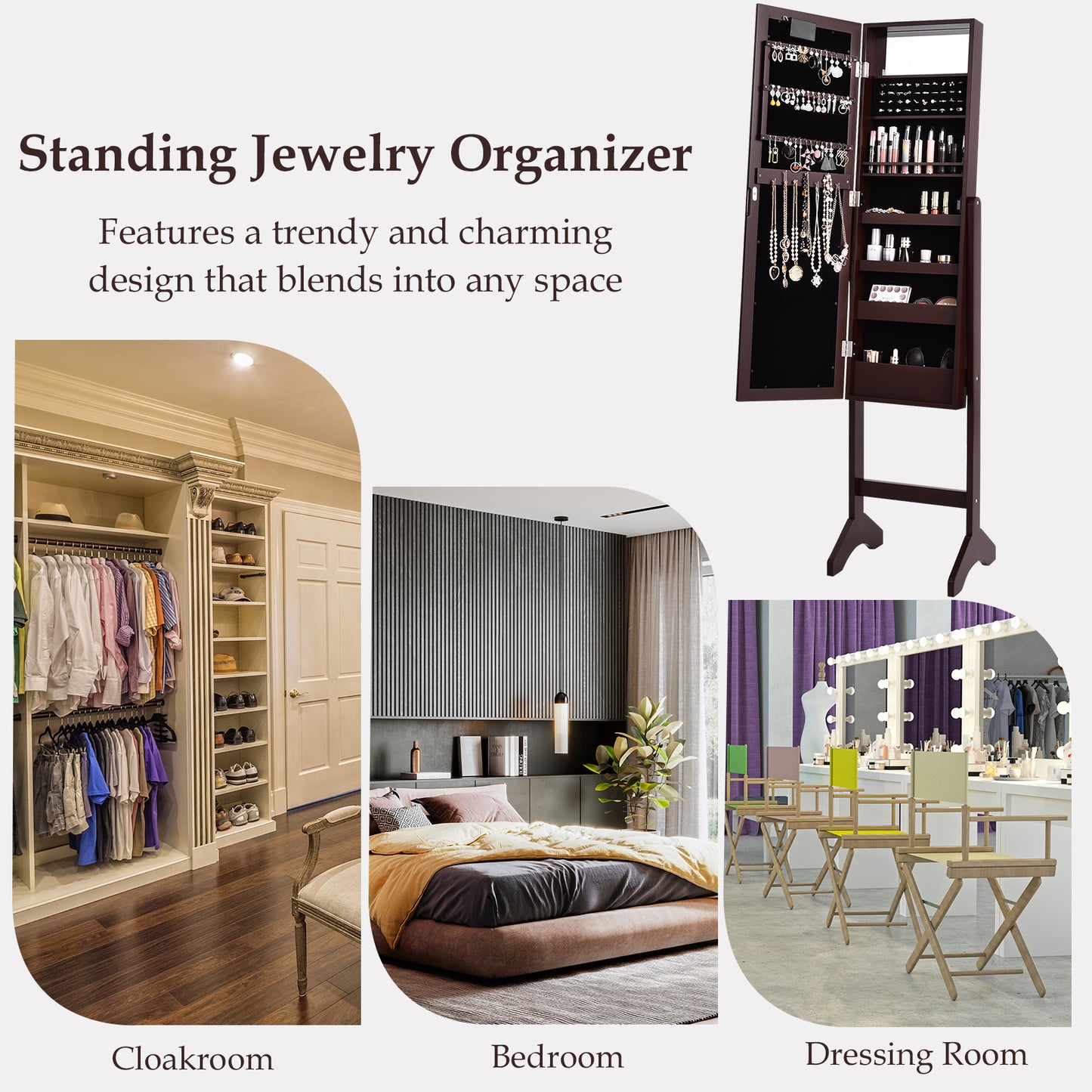 Mirrored Jewelry Cabinet Armoire Organizer w/ LED lights-Brown