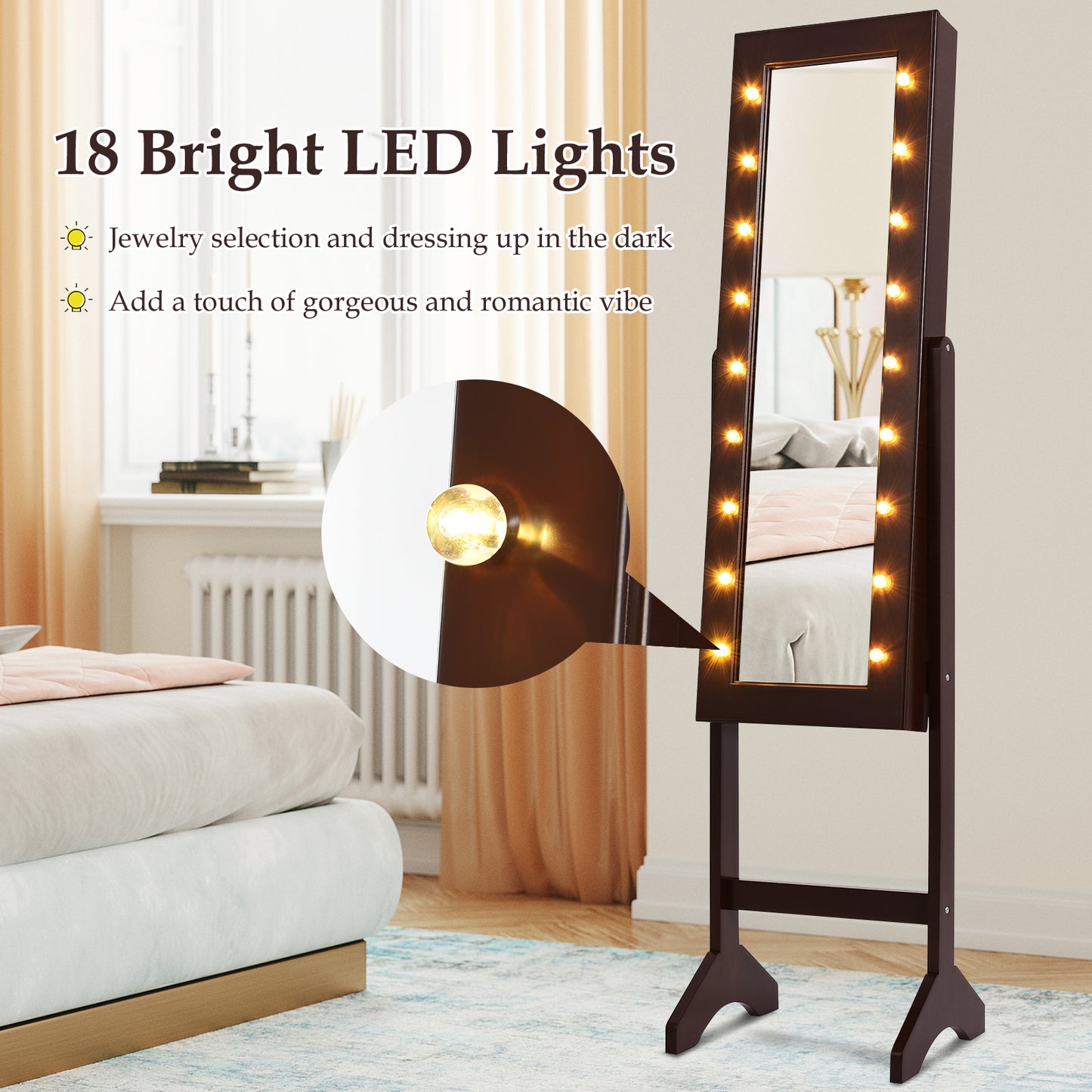 Mirrored Jewelry Cabinet Armoire Organizer w/ LED lights-Brown