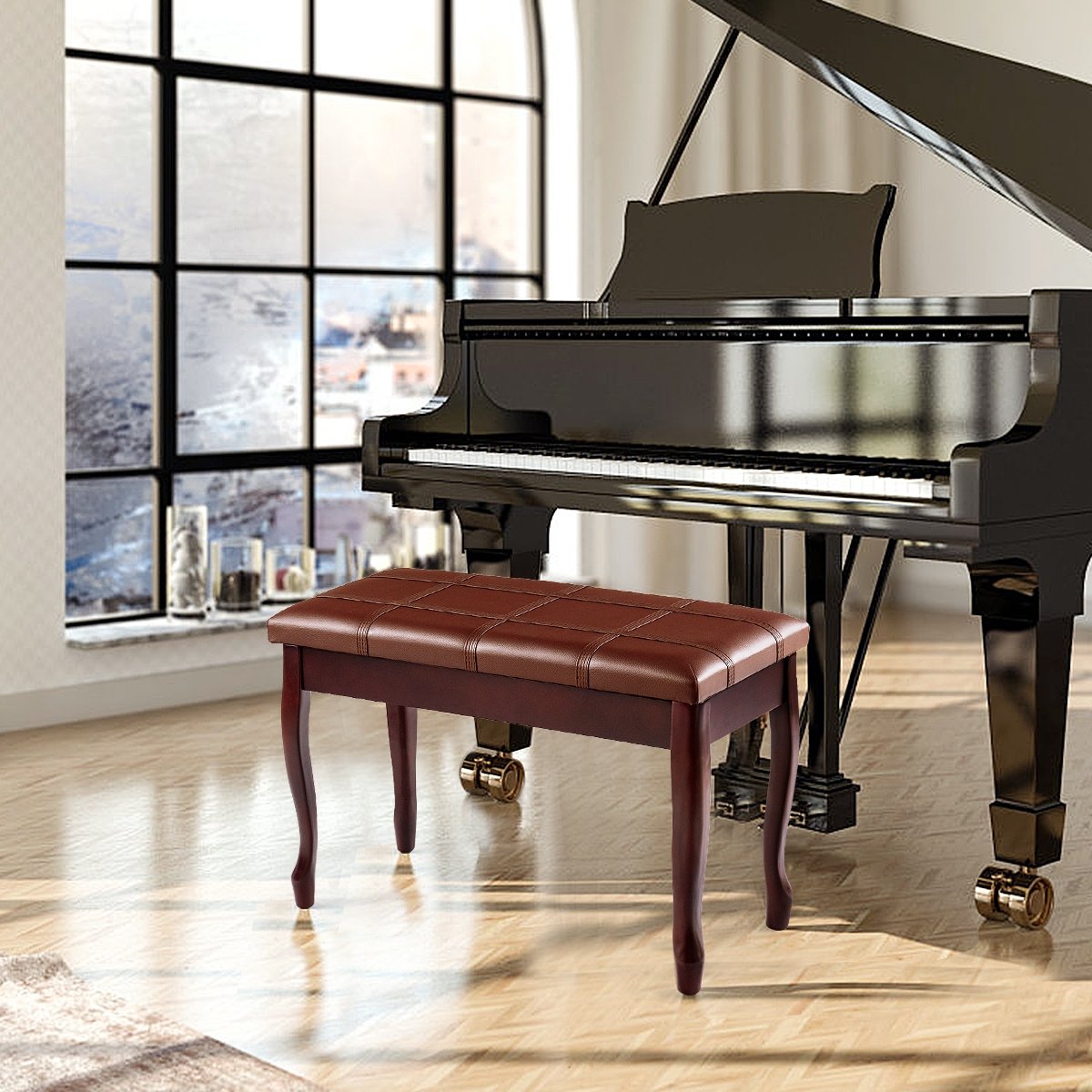 Solid Wood PU Leather Piano Bench with Storage-Black