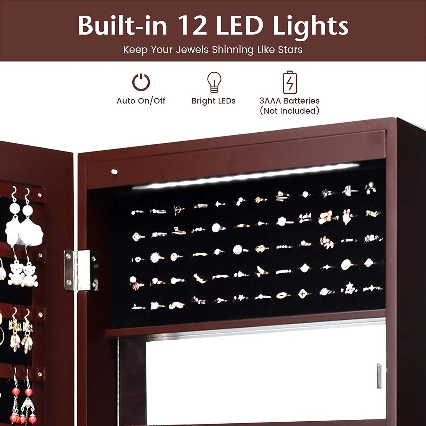 Lockable Wall Door Mounted Mirror Jewelry Cabinet with LED Lights-Brown