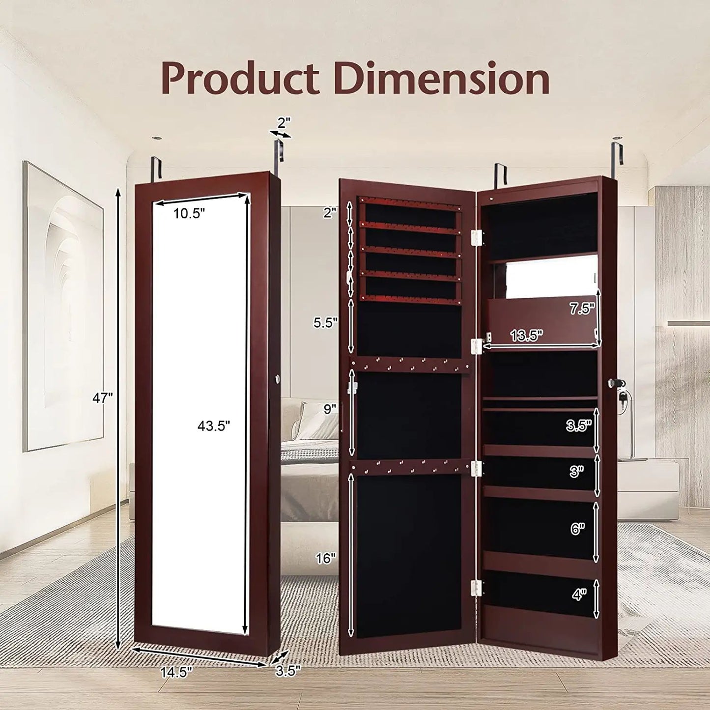 Lockable Wall Door Mounted Mirror Jewelry Cabinet with LED Lights-Brown