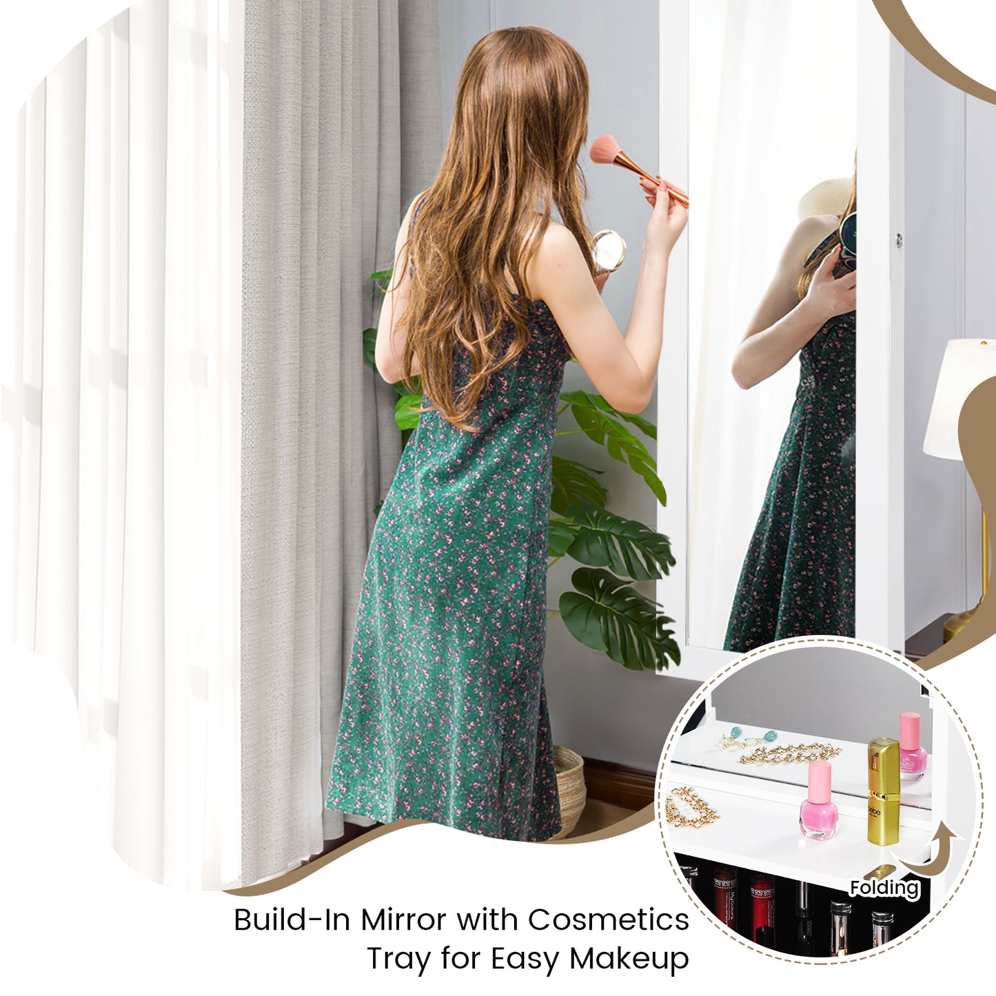 Lockable Wall Door Mounted Mirror Jewelry Cabinet with LED Lights-White
