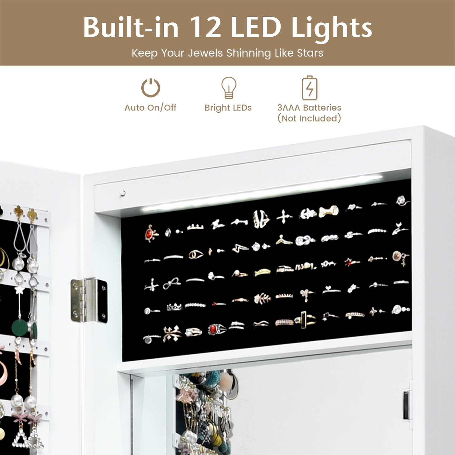 Lockable Wall Door Mounted Mirror Jewelry Cabinet with LED Lights-White