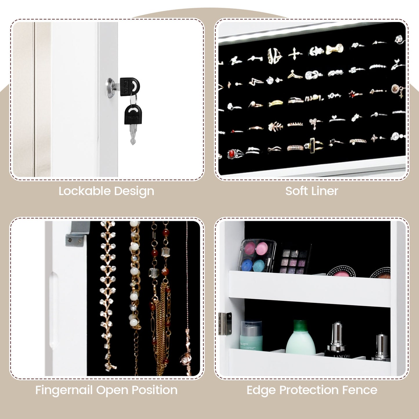 Lockable Wall Door Mounted Mirror Jewelry Cabinet with LED Lights-White
