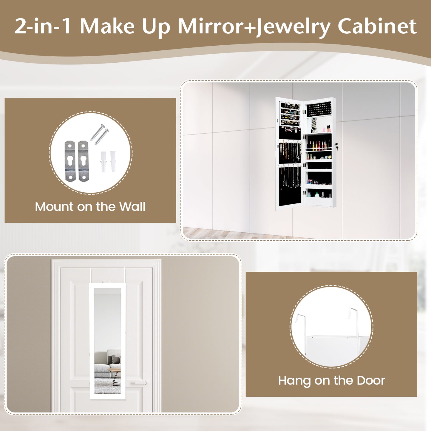 Lockable Wall Door Mounted Mirror Jewelry Cabinet with LED Lights-White